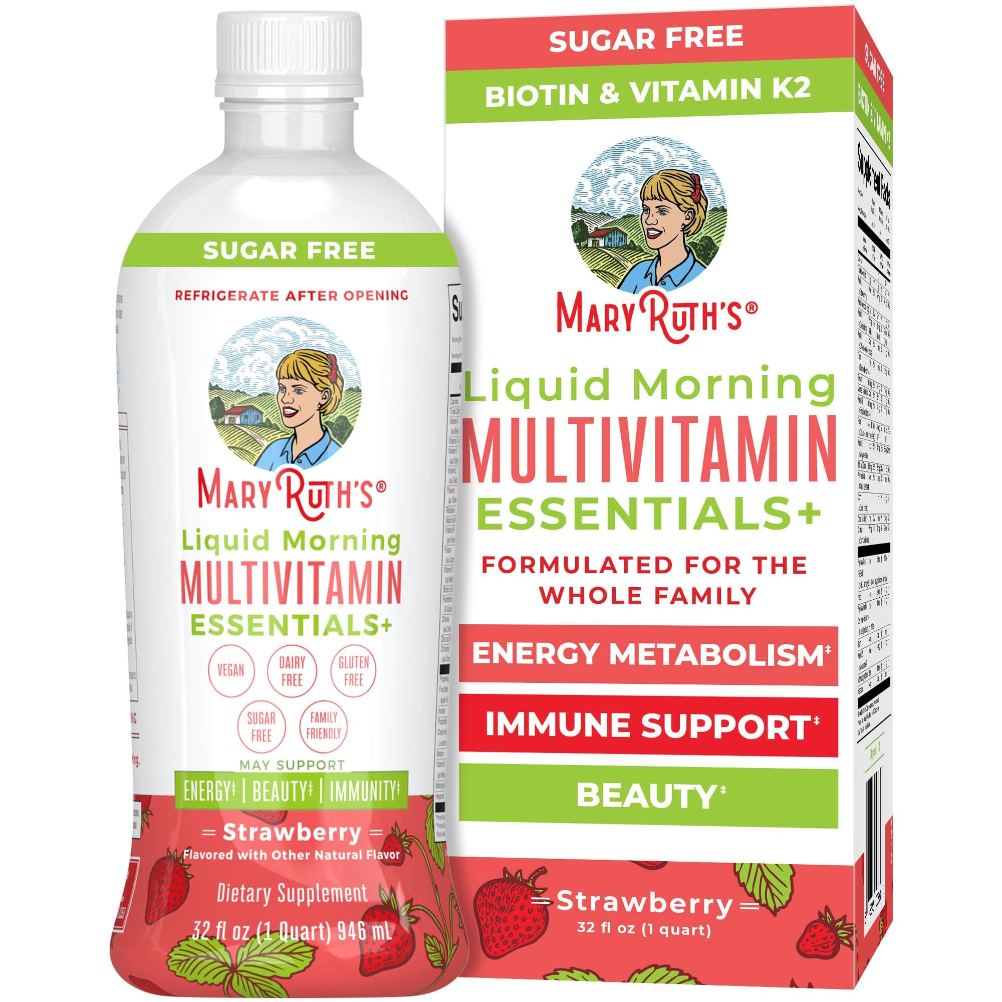 MaryRuth's Liquid Morning Multivitamin Essentials+ | Vitamin A C D E B6 B12 K2 Biotin Zinc | Mens Womens Multivitamin | Immune Support | Beauty | Sugar Free | Vitamins for Ages 1+ | Vegan | 32 Fl Oz