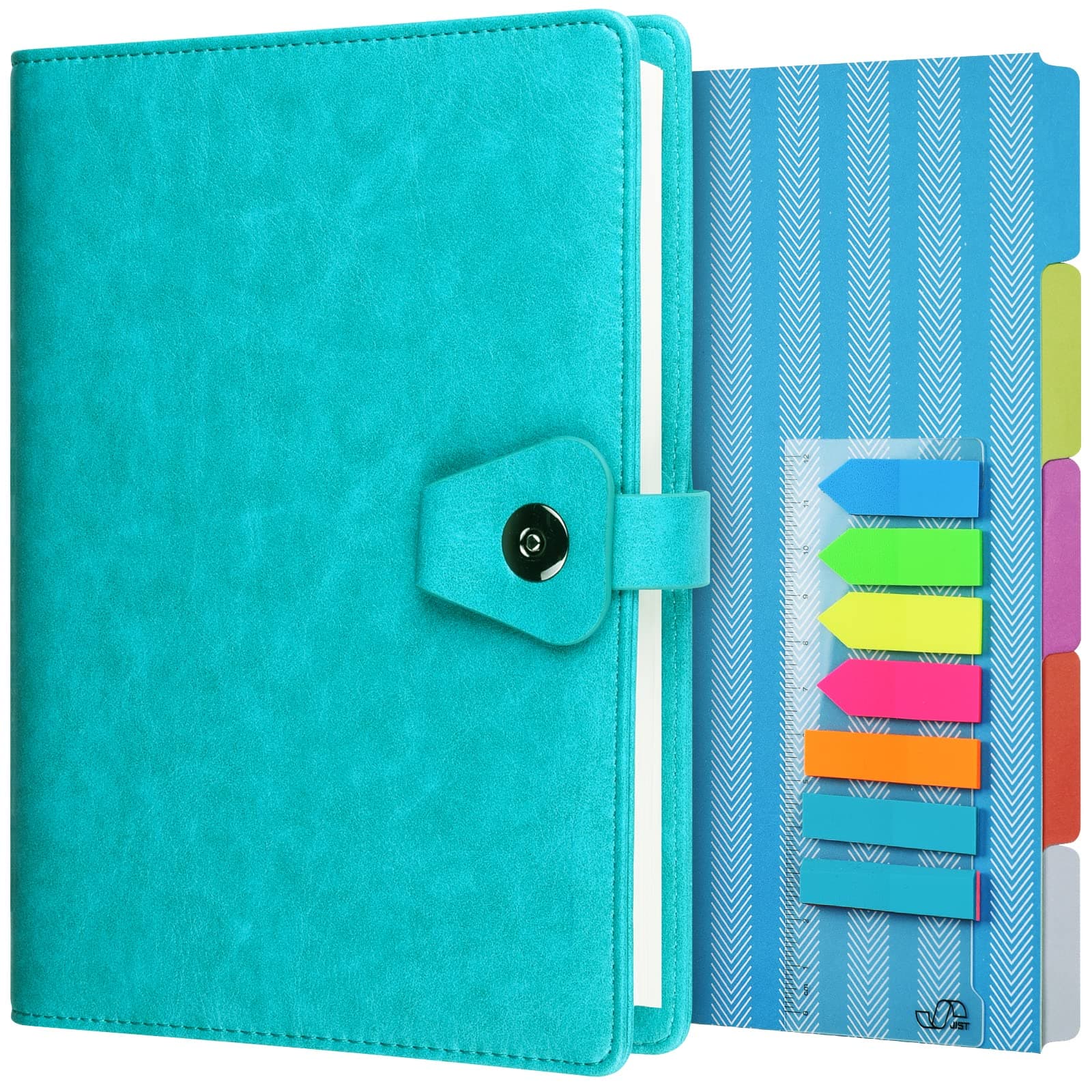 OMEYA A5 Binder Journal, Refillable 6 Ring Organizer Planner Leather Business Writing Notebook, Ruled Hardcover Diary Notebook with Divider page and Index stickers-blue