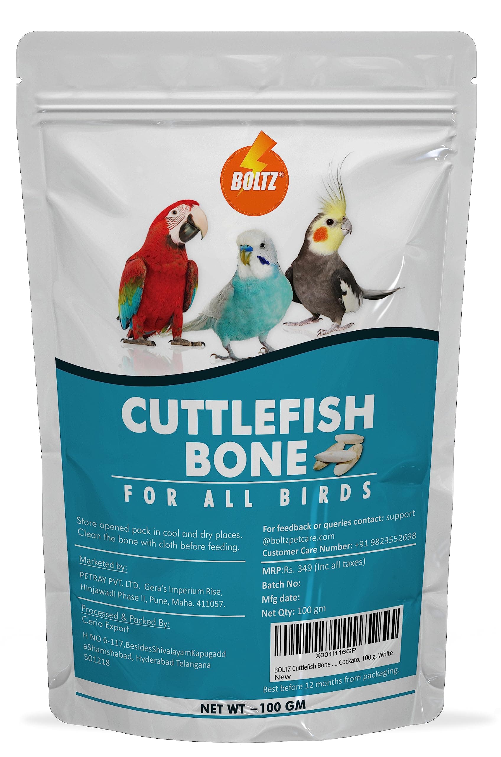 BOLTZ Cuttlefish Bone for Birds, High Calcium for Finches, Budgies, Conures, Lovebirds, Cockatiels, African Grey, Macaws, Cockato for All Life Stages, 100g, white