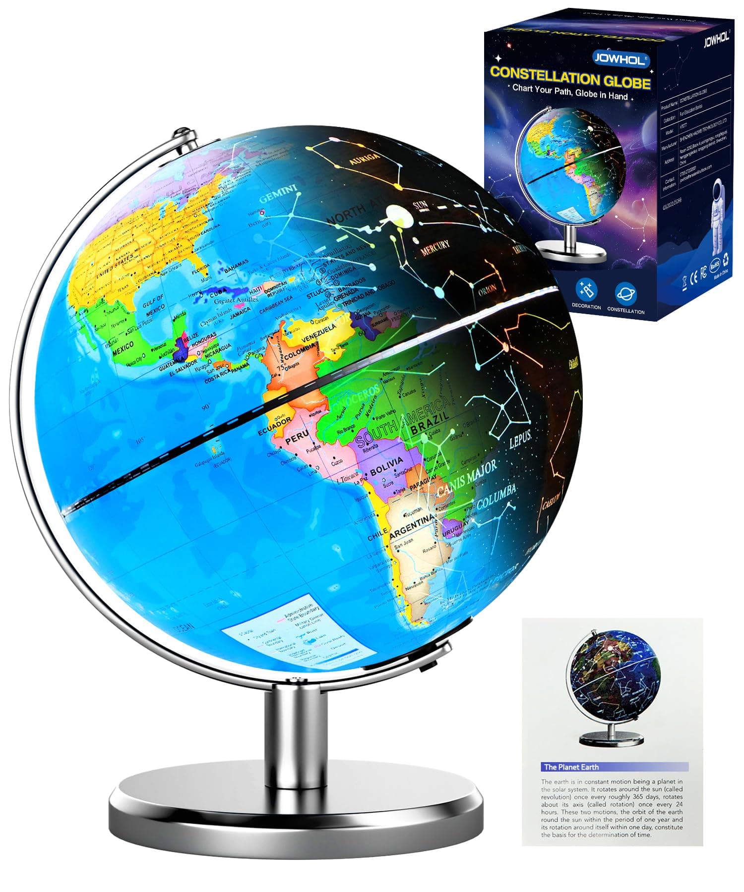 8'' Illuminated World Globe with Constellation Night Light, Educational Light Up Globe for Kids & Adults, Earth Geography Learning Globes, Desk Home Office Classroom Decor & Gift, 11.5'' Tall