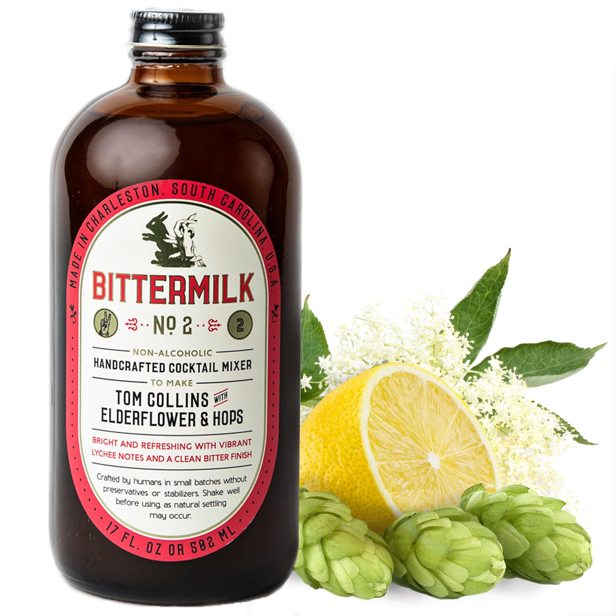 Bittermilk No.2 Tom Collins Mix with Elderflower & Hops, All Natural Handcrafted Non Alcoholoic Cocktail Mixer, Makes 17 Cocktails, 17oz