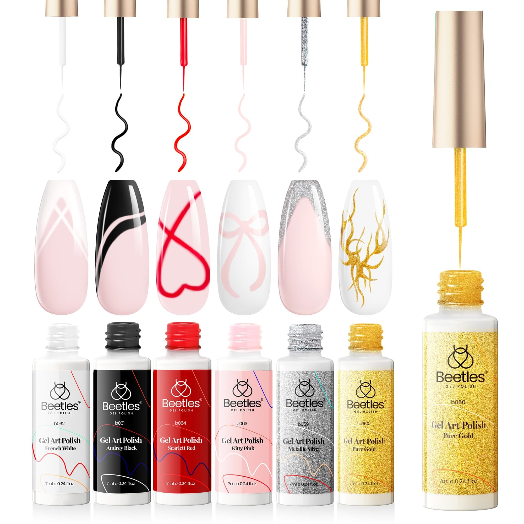 beetles Gel liner nail Polish 6 Pcs Black White Red Gold Silver Glitters Colors Paint Swirl Nail Art Polish Set