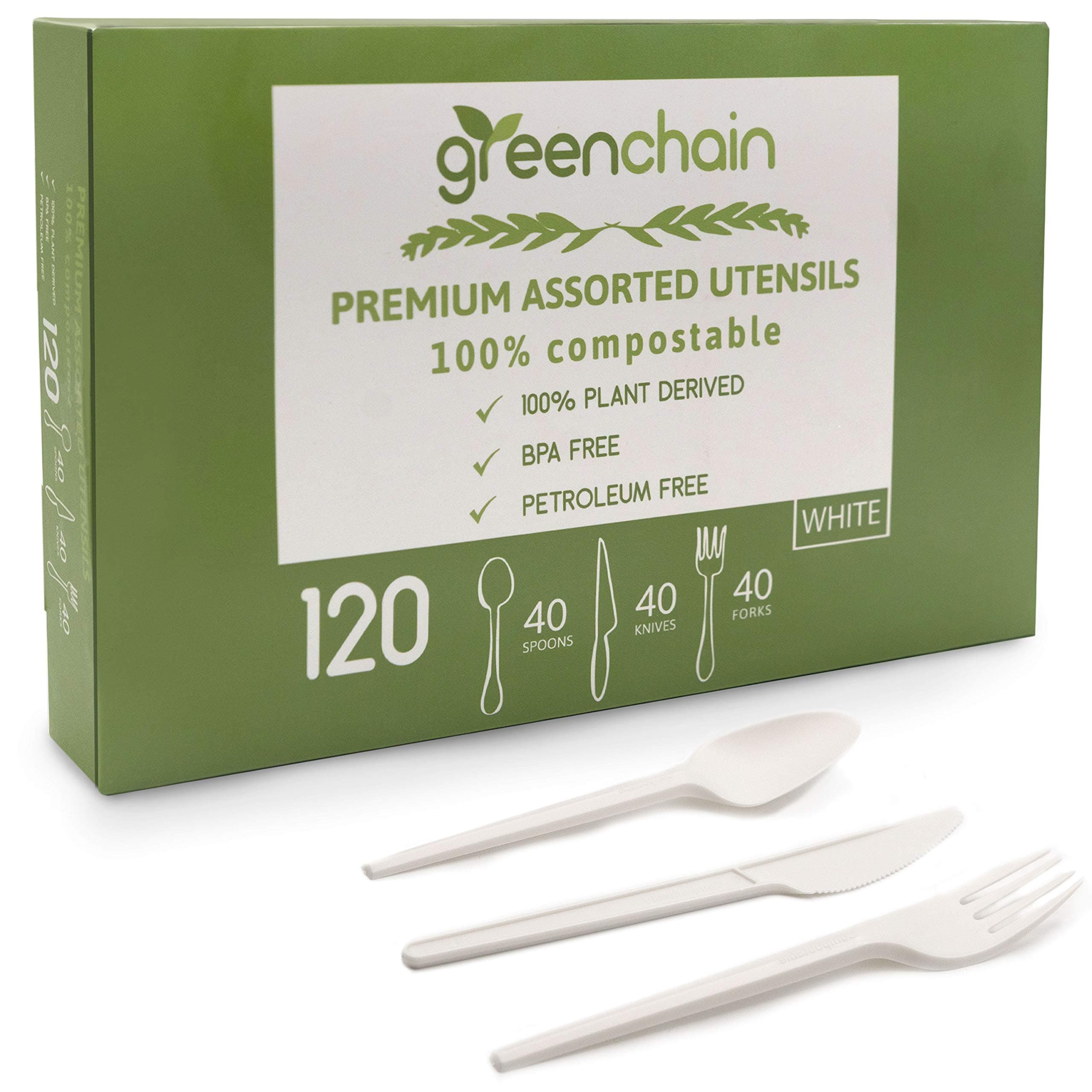 Greenchain Compostables, 120 Premium Assorted Plant Based Utensils,100% Compostable BPA free, party & event utensils