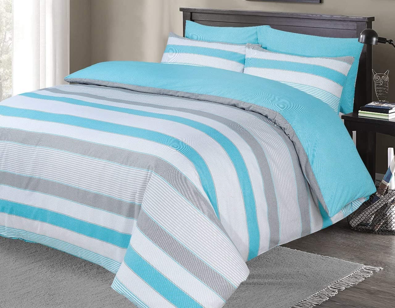 Indus Textiles Duvet Quilt Cover Bed Sets Reversible Patterned Soft and Smooth Easy Care - Stripes Turquoise - Super King