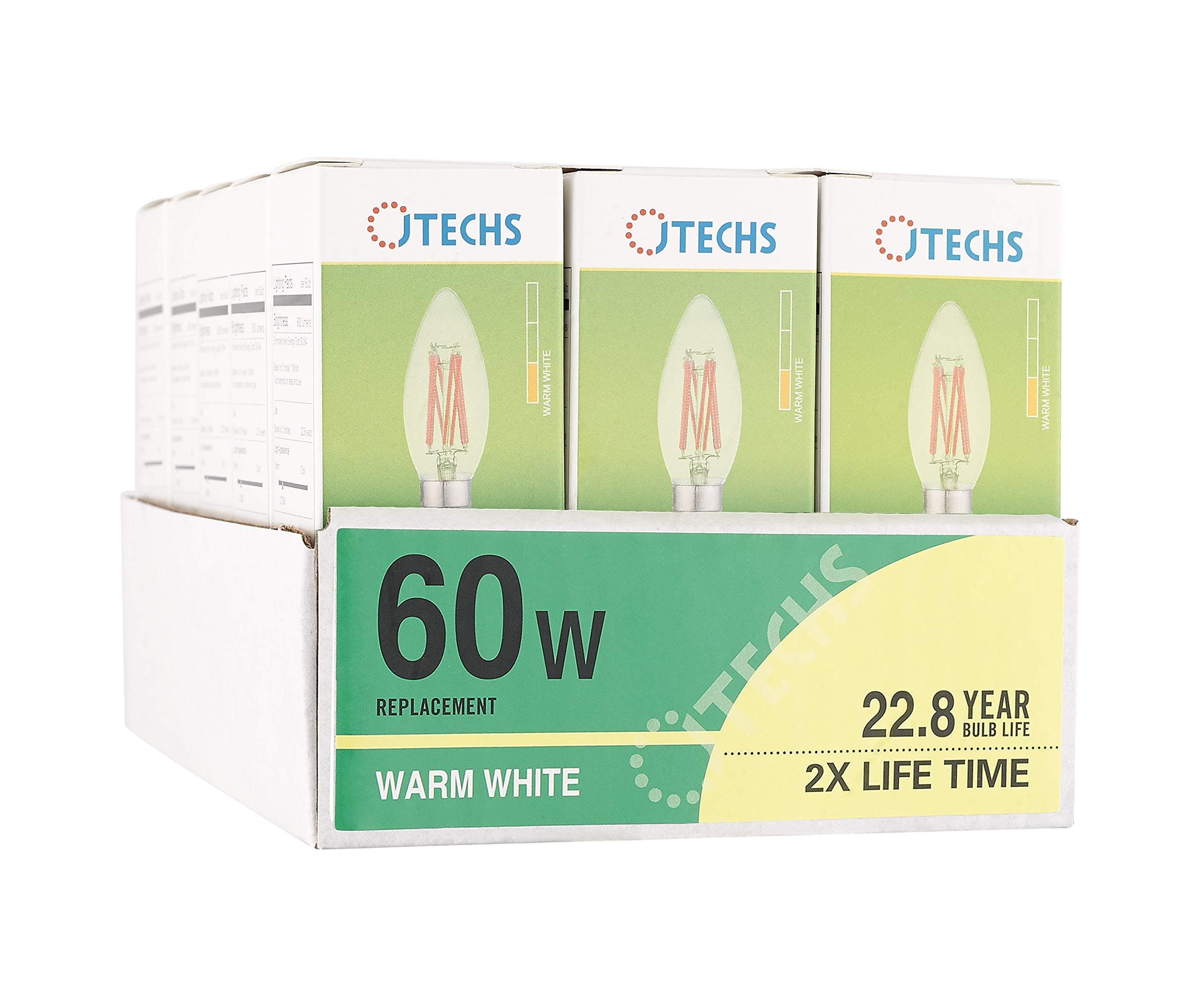 JTECHS 15 Pk, Clear, LED, (B10), Dimmable, 60 Watt Equivalent, Warm White Chandelier/Candelabra Bulbs. Excellent in Wood, Metal and Mixed Material Chandeliers. UL Listed. Smooth Dimming