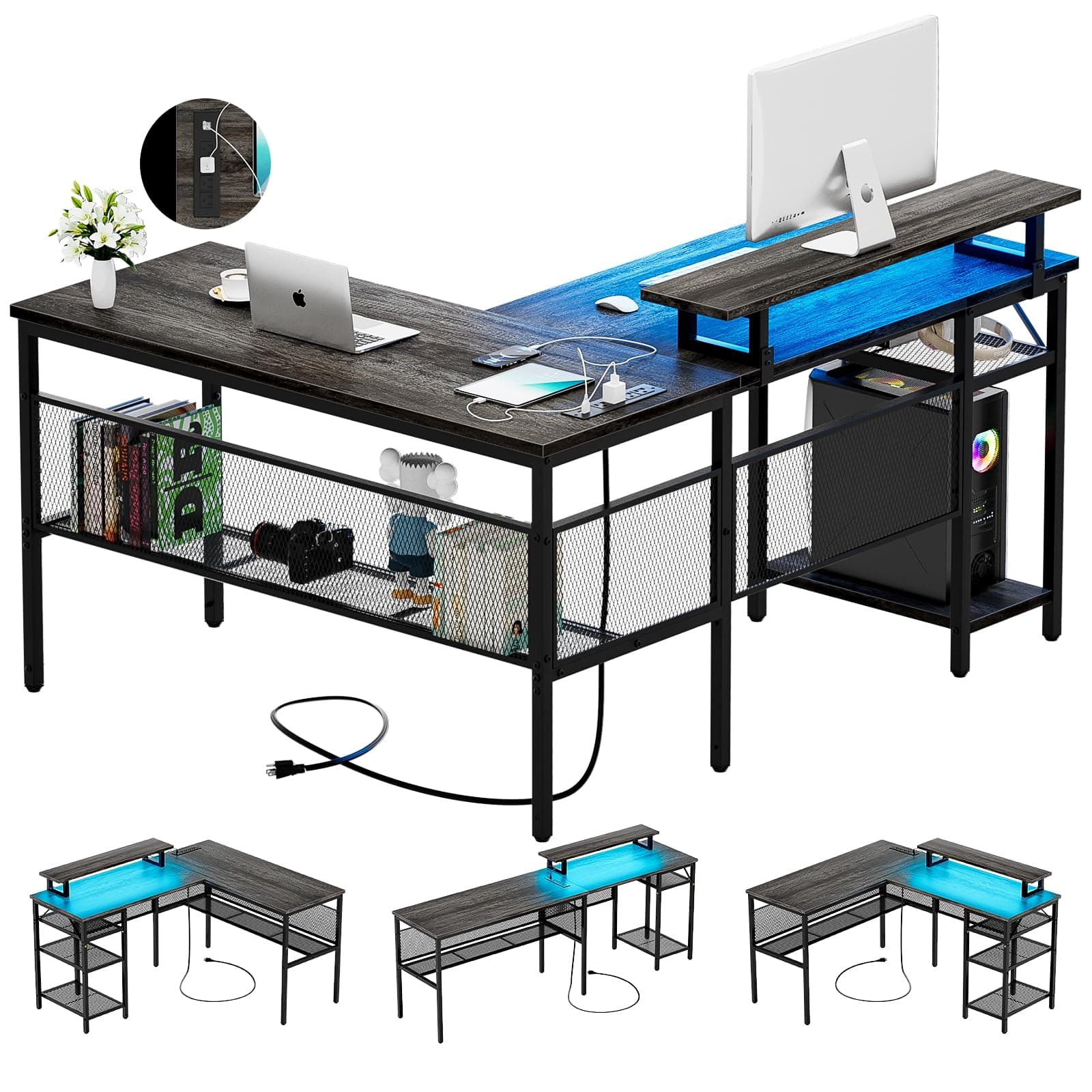 L Shaped Computer Desk with Magic Power Outlets and Smart LED Light, Reversible Office Corner Desk with Ergonomic Monitor Stand, Large Gaming Table with Storage, Sleek Grid Design, Black Oak