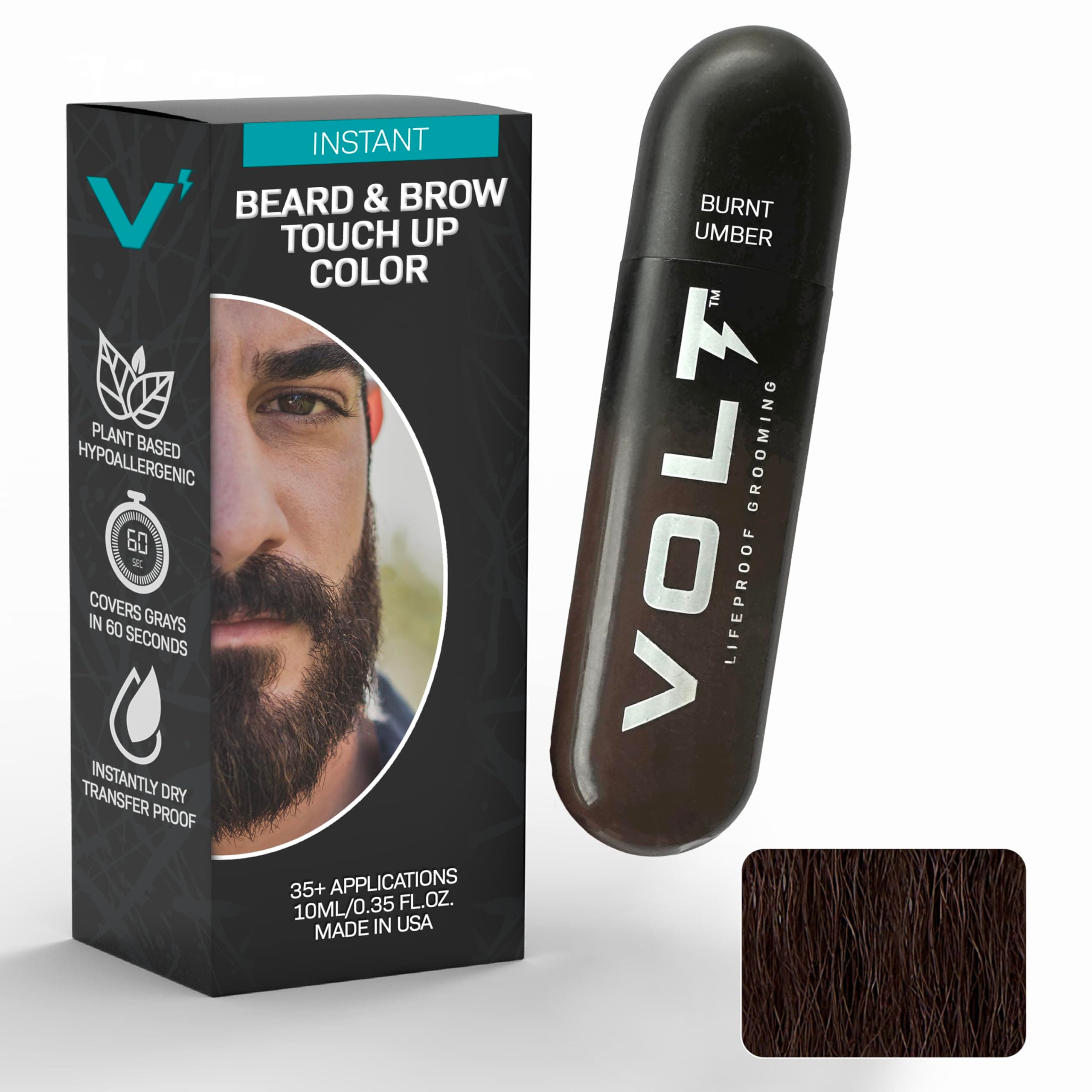 Grooming Temporary Instant Beard Color for Men, Quick Drying Plant-Based Brush On Beard, Mustache & Eyebrow Color, Sensitive Skin Safe, Burnt Umber Deep Dark Brown, 1 Pack, Up to 35 Applications