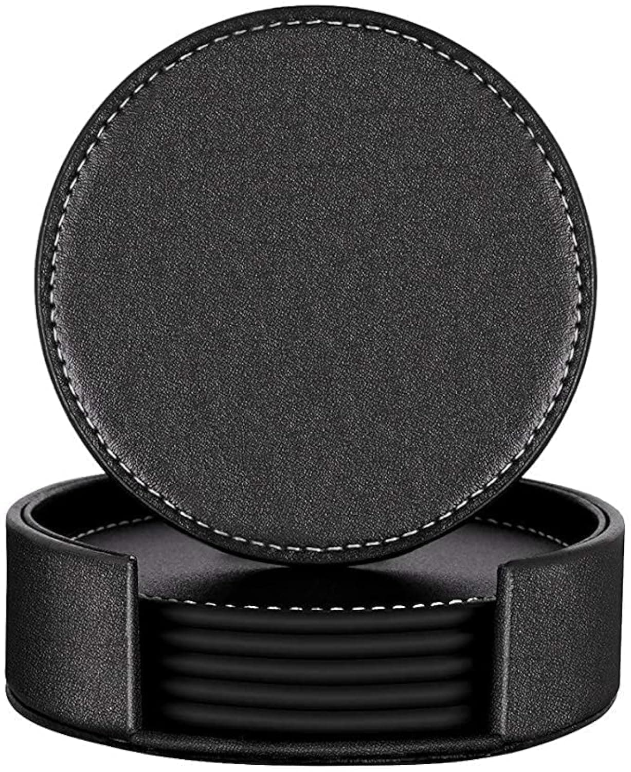 ORiTi Coasters for Drinks 6 PCS PU Leather Coaster with Holder, 10cm Anti-Slip Heat Insulation Drink Coaster Protect Table from Stains, Water Rings and Damage, Home Décor and Housewarming Gift
