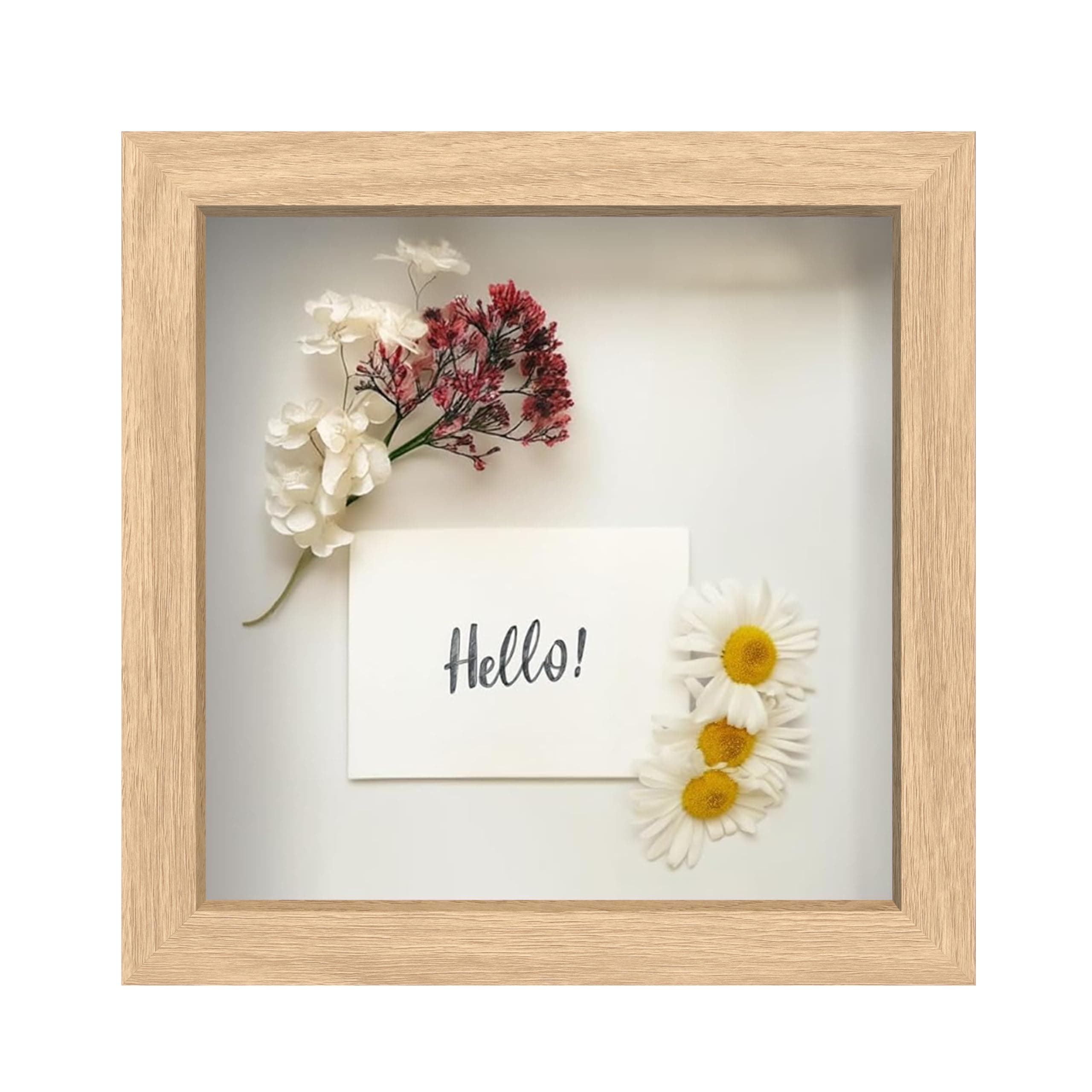 FrameWorks 8” x 8” Natural Oak Wooden Shadow Box Frame – Display Case with Soft Felt Back, Memory Box with Tempered Glass, Display Box with Elegant White Ball Push Pins, Wooden Flower Box
