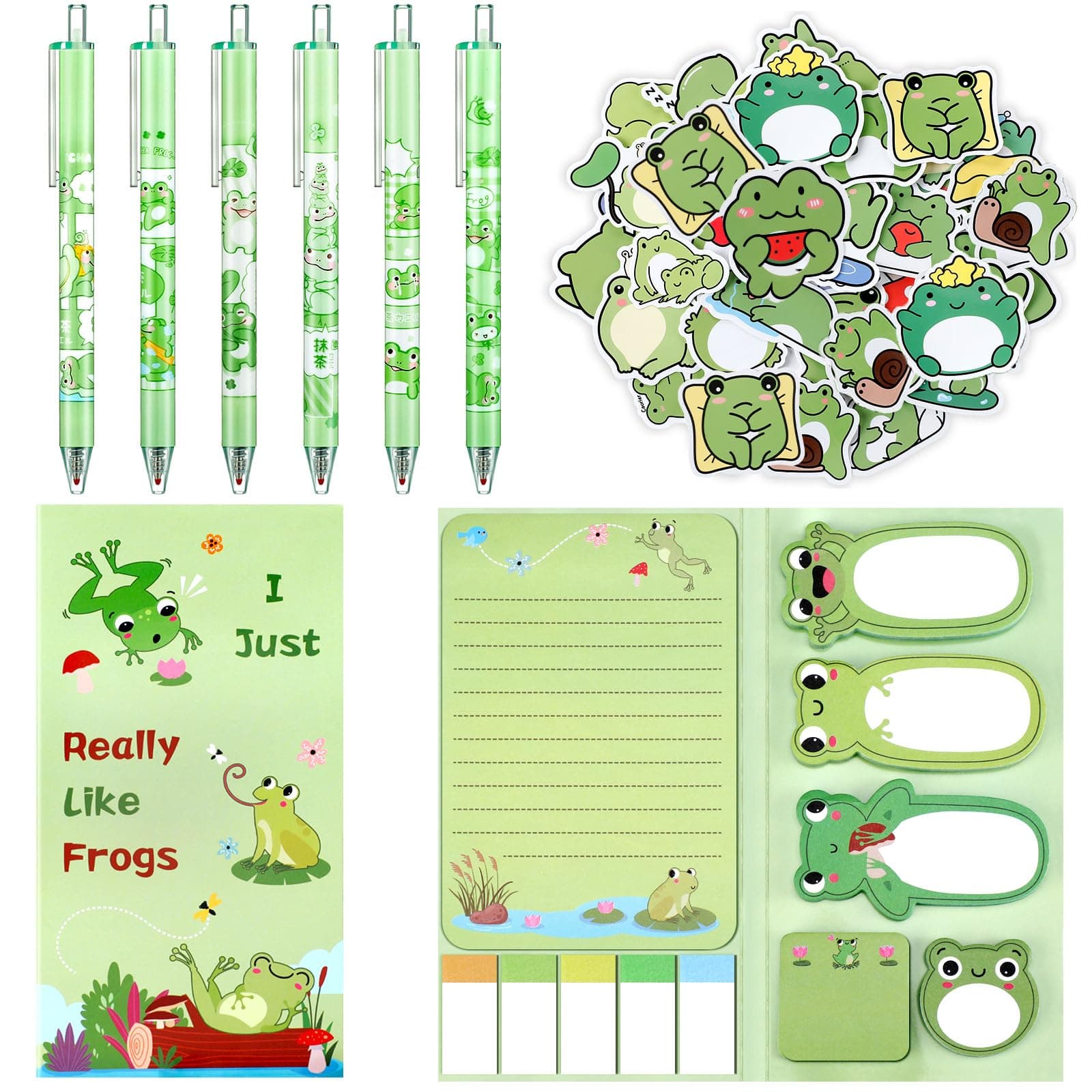 57 Pcs Frog School Supplies Include 550 Sheets Frog Sticky Notes Divider Self Stick Notes Pads Set 6 Cartoon Frog Ballpoint Pens Cute Animal Retractable Pens 50 Frog Stickers for School Office