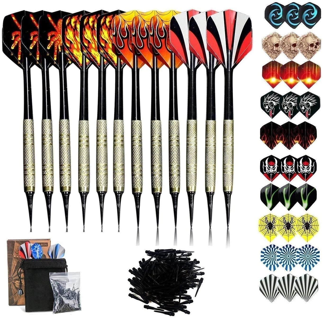 SinwindDarts Set, 12 Pcs Soft Tip Darts with Brass-plated Steel Barrels, extra 10 Style 30 Flights and 100 Soft Tip Points for Electronic Dartboards