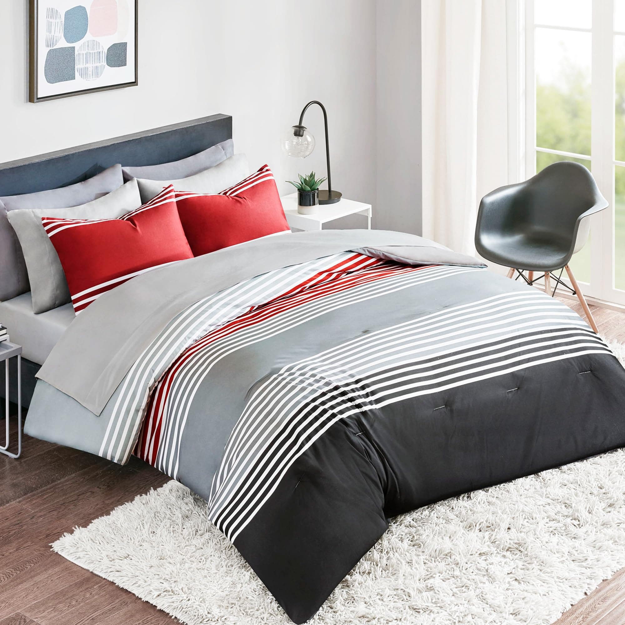 Comfort Spaces Queen Comforter Sets with Sheets - Bed in a Bag 9 Pieces Teen Bedding Sets, Red and Grey Stripes Bedding Queen, College Queen Bed Set with 2 Side Pockets Bedroom Organizer