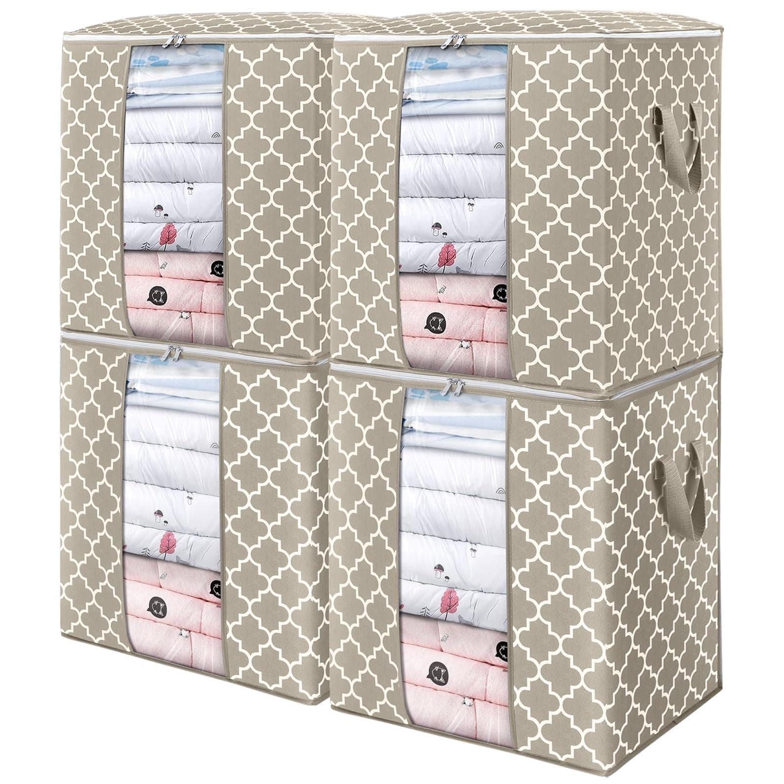 WISELIFE Storage Bags 4 Pack/100L Large Blanket Clothes Organization and Storage Containers for Comforters,Bedding, Foldable Organizer with Reinforced Handle, Clear Window, Sturdy Zippers,Beige