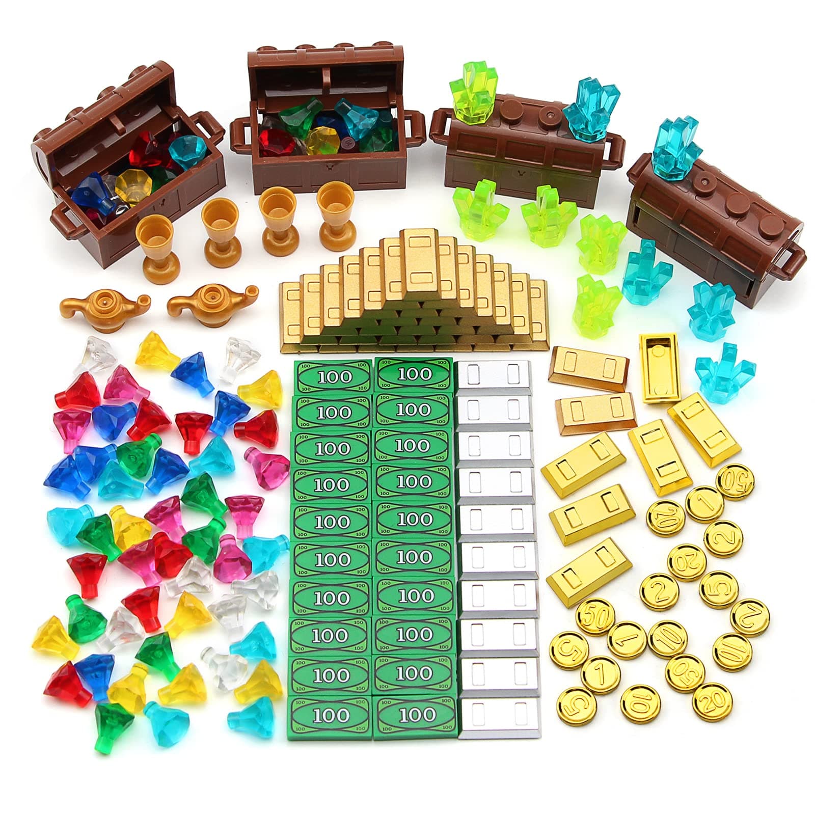 Feleph Treasure Accessories Money Building Blocks Set Jewel Chest, Gems Diamonds, Bullion Electroplated Gold Tile Silver Bar, Power Crystals, Coins, Goblet, 100 Dollar Bill Cash Toy Brick