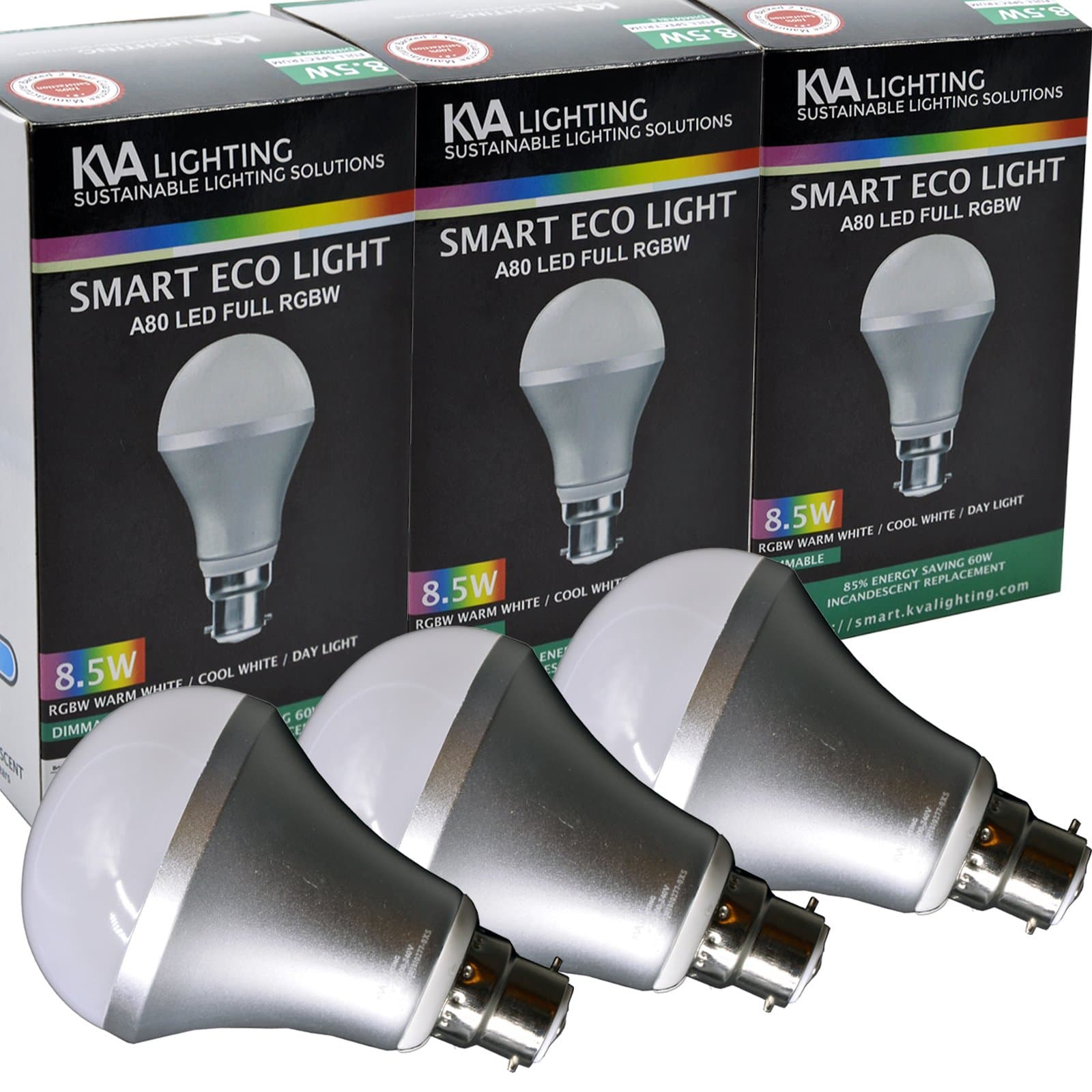 KVA LIGHTING Smart Light LED Bulb, B22 A80, 8.55W to 60W, Bright 800 Lumens, Dimmable, RGBW, Requires Gateway, Pack of 3 [Energy Class A+]