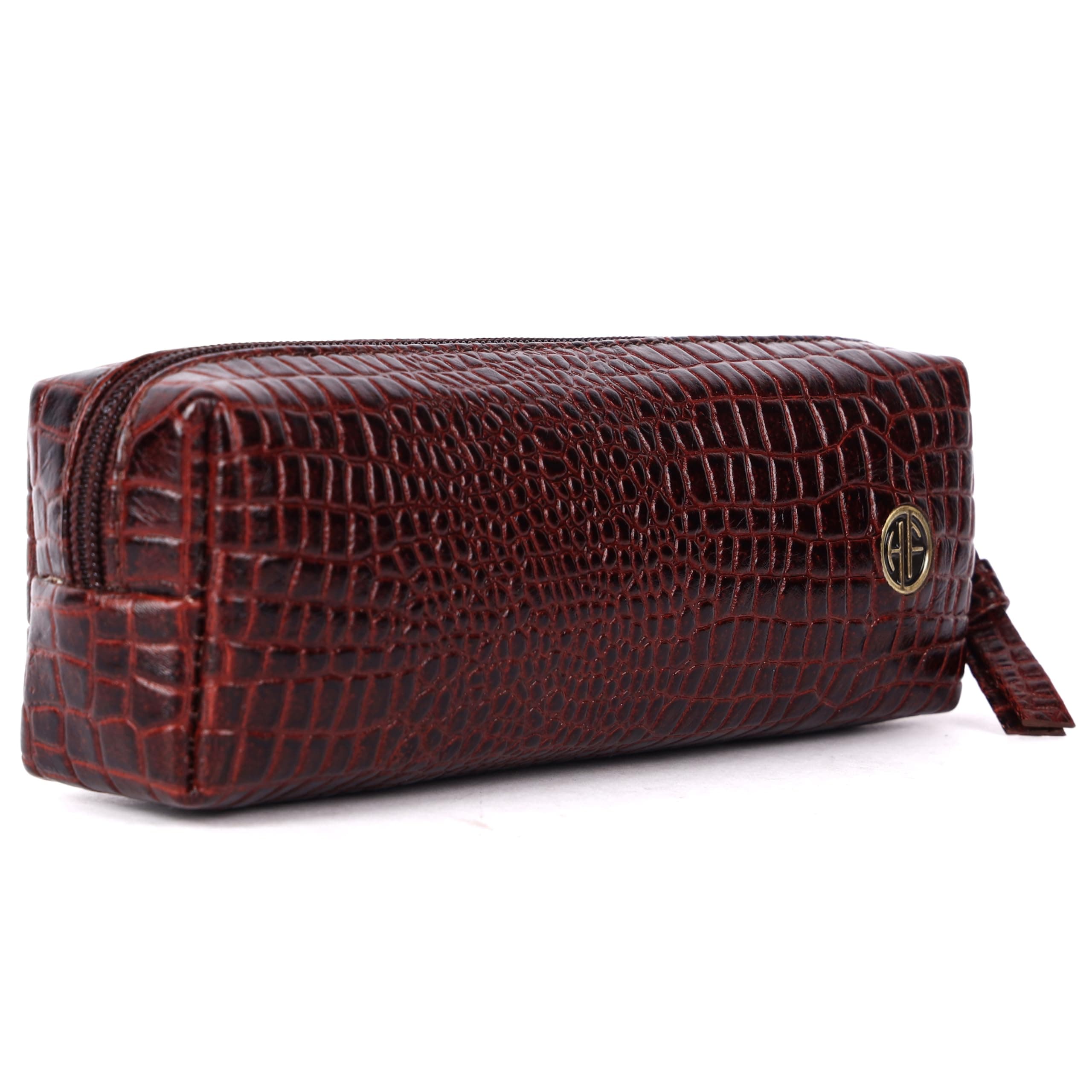 HAMMONDS FLYCATCHER Genuine Leather Utility Pouch - Multi-Use Pencil Case, Cosmetic, Stationery, Coin, Makeup Brush Organizer for Women & Men - School & Office - Croc Brown