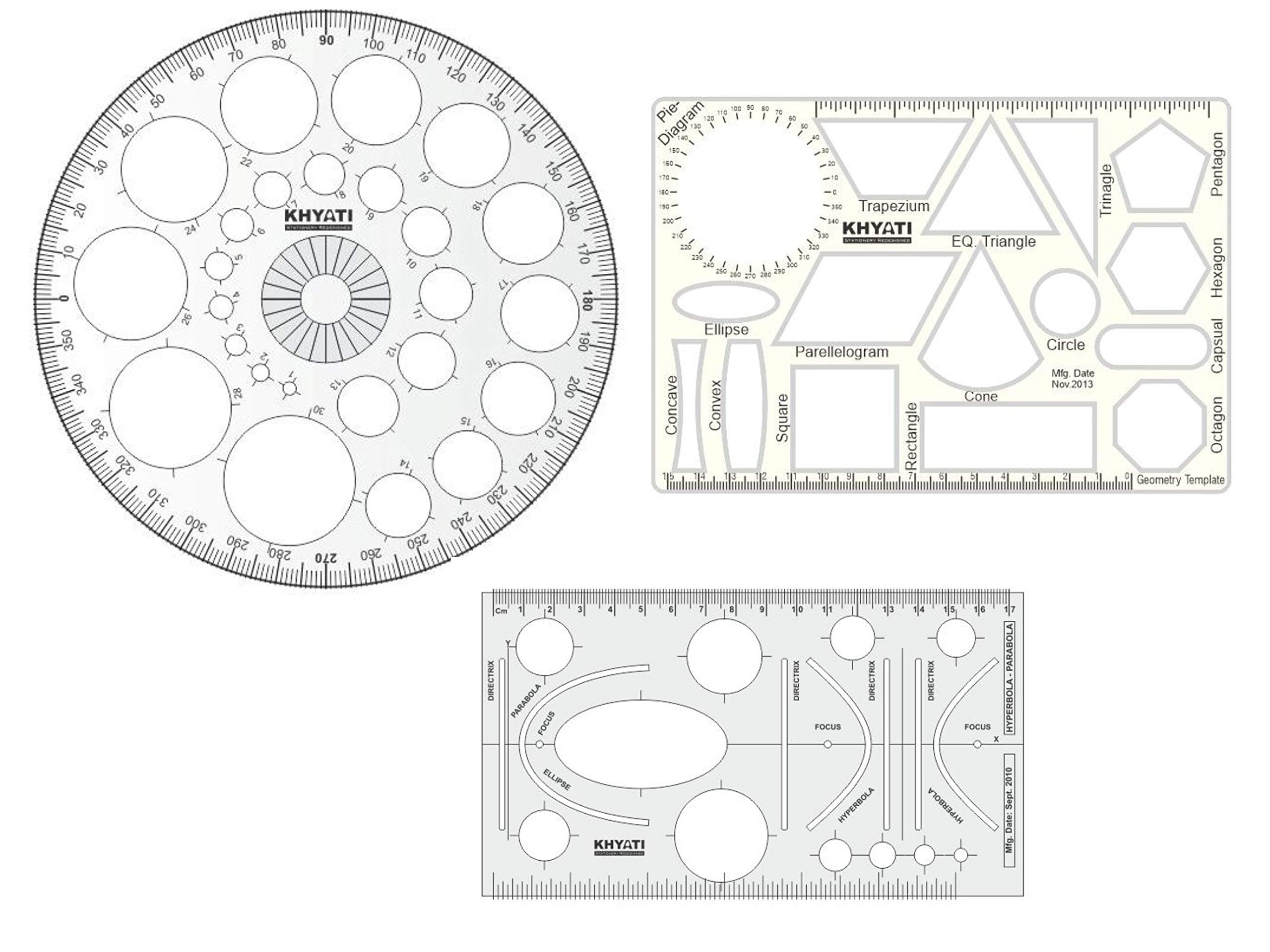 Plastic Pro Circle with 25 Circles, Hyperbola- Parabola Template, Geometry Template, Drafting Scale Ruler Very Useful to Architect, Engineering Students, Office Employee (Set of 3)