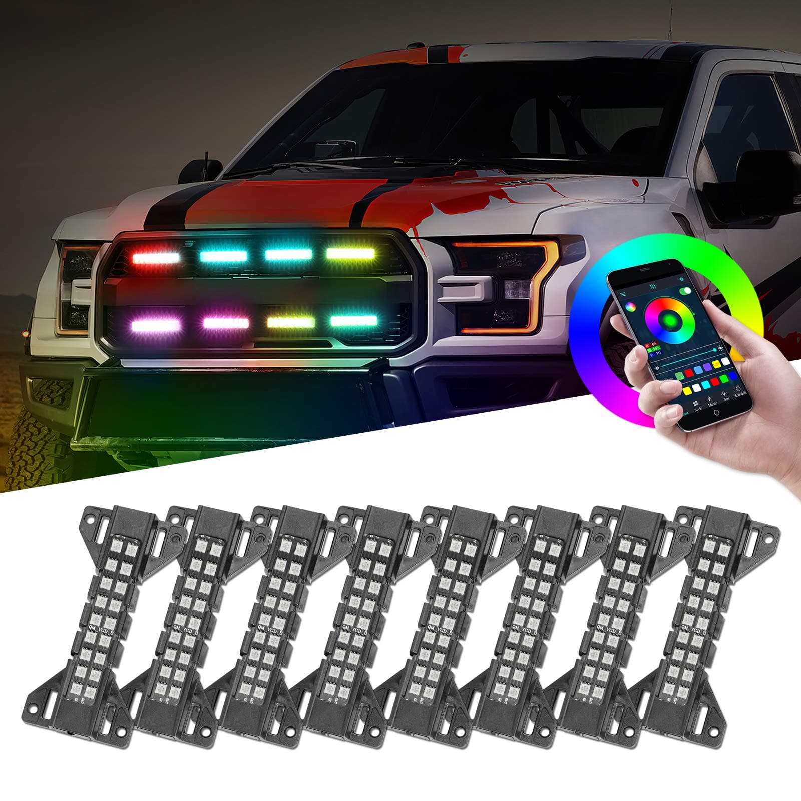 Nirider RGB LED Grille Light Kit Strobe Lights Underglow Rock Light Truck Lights for Tacoma 4Runner GMC Chevy Car SUV ATV UTV Grille Accessories - 8 Pods