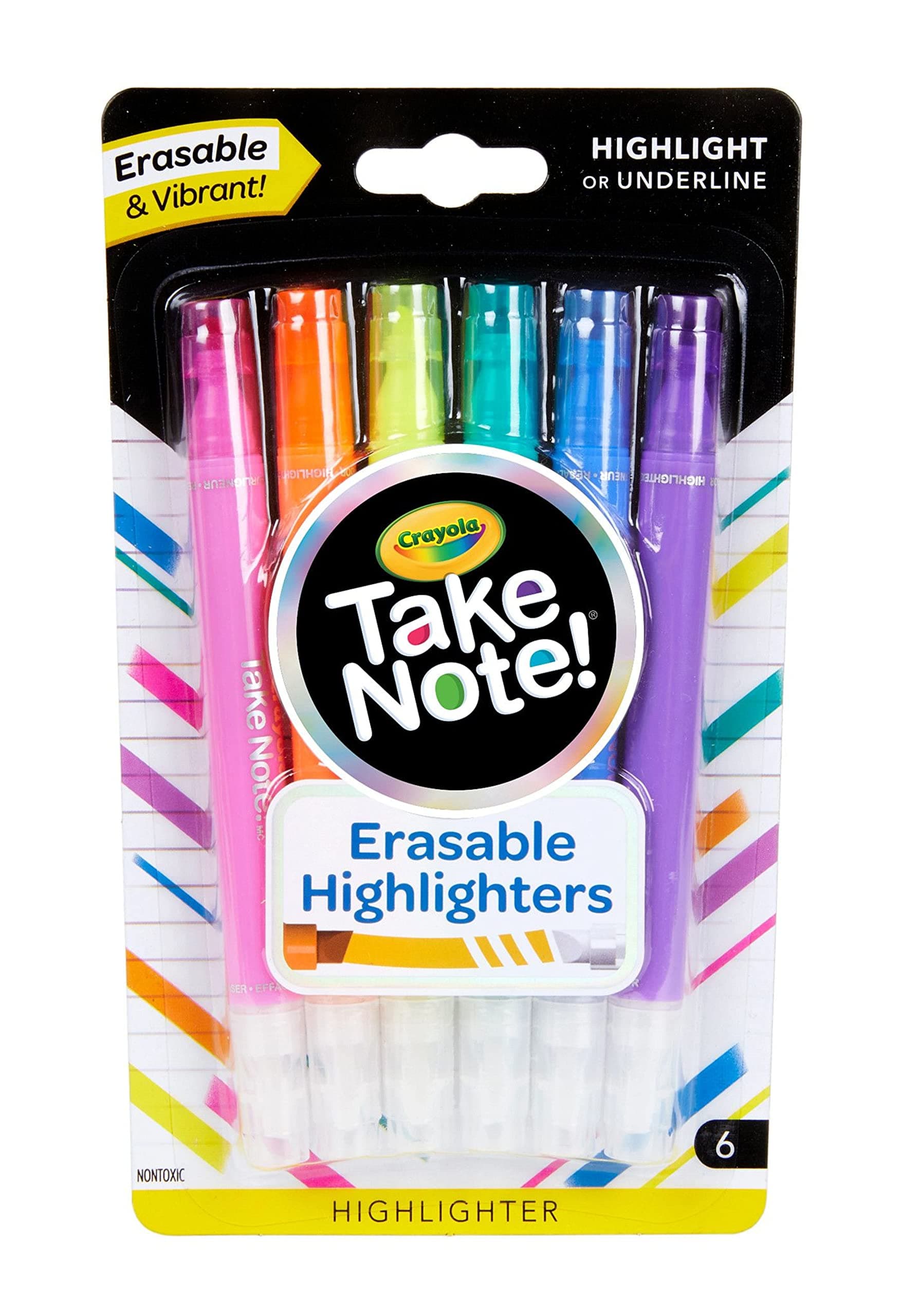 Crayola Take Note Erasable Highlighters (6ct), Assorted No Bleed Highlighters, Chisel Tip Marker Set, For Organizing & Coloring, Gifts