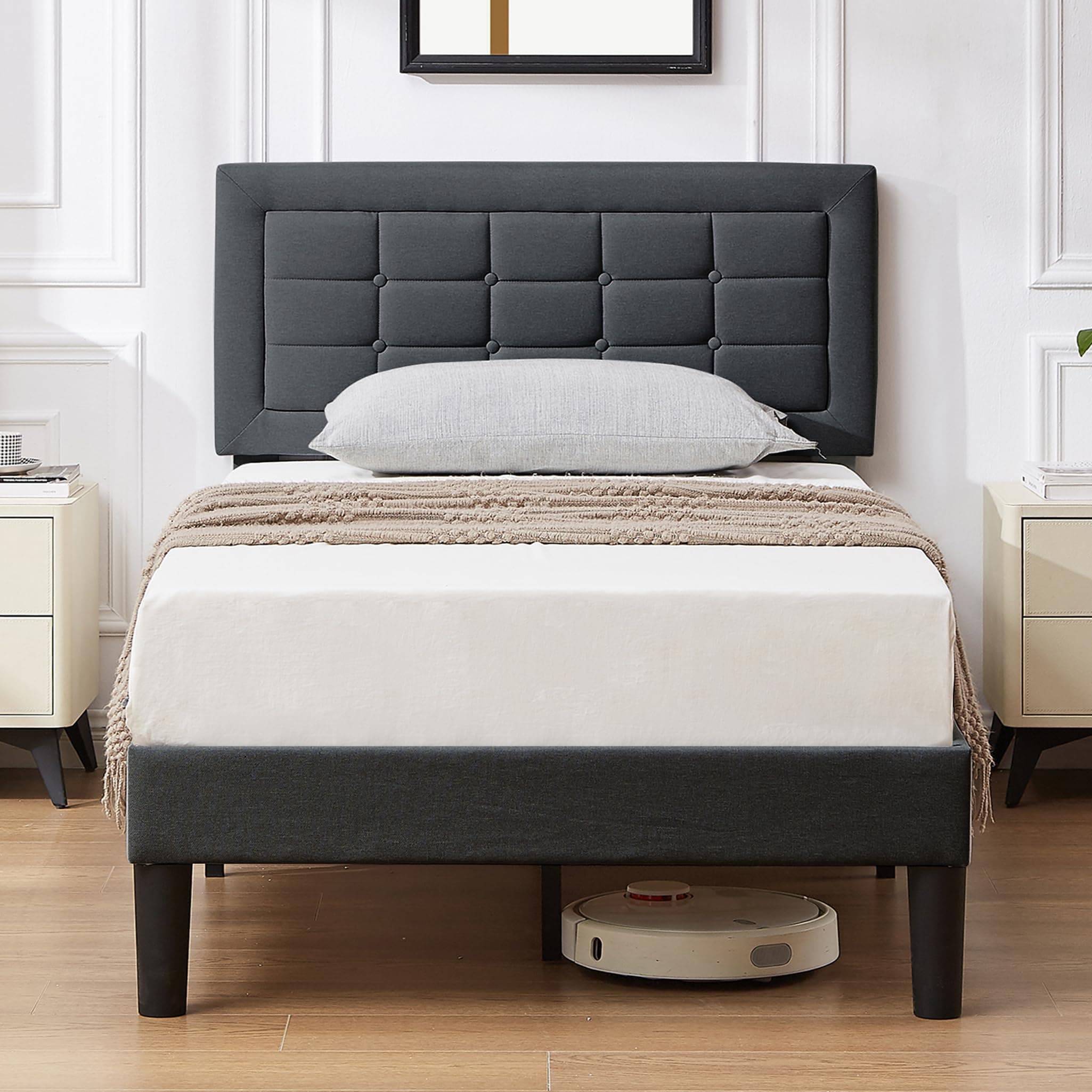VECELO Twin Size Upholstered Bed Frame with Height Adjustable Fabric Headboard, Heavy-Duty Platform Bedframe/Mattress Foundation/Strong Wood Slat Support/No Box Spring Needed, Dark Gray