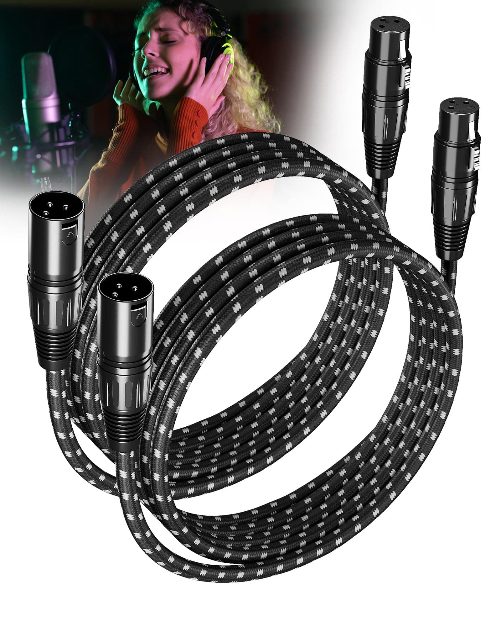 XLR Cables 10ft 2 Pack Fully Balanced Nylon Braided XLR Mic Cord Male to Female Microphone Cable 3 pin Oxygen-Free Copper (OFC) for Studio Recording Live Production 10 Feet Black White
