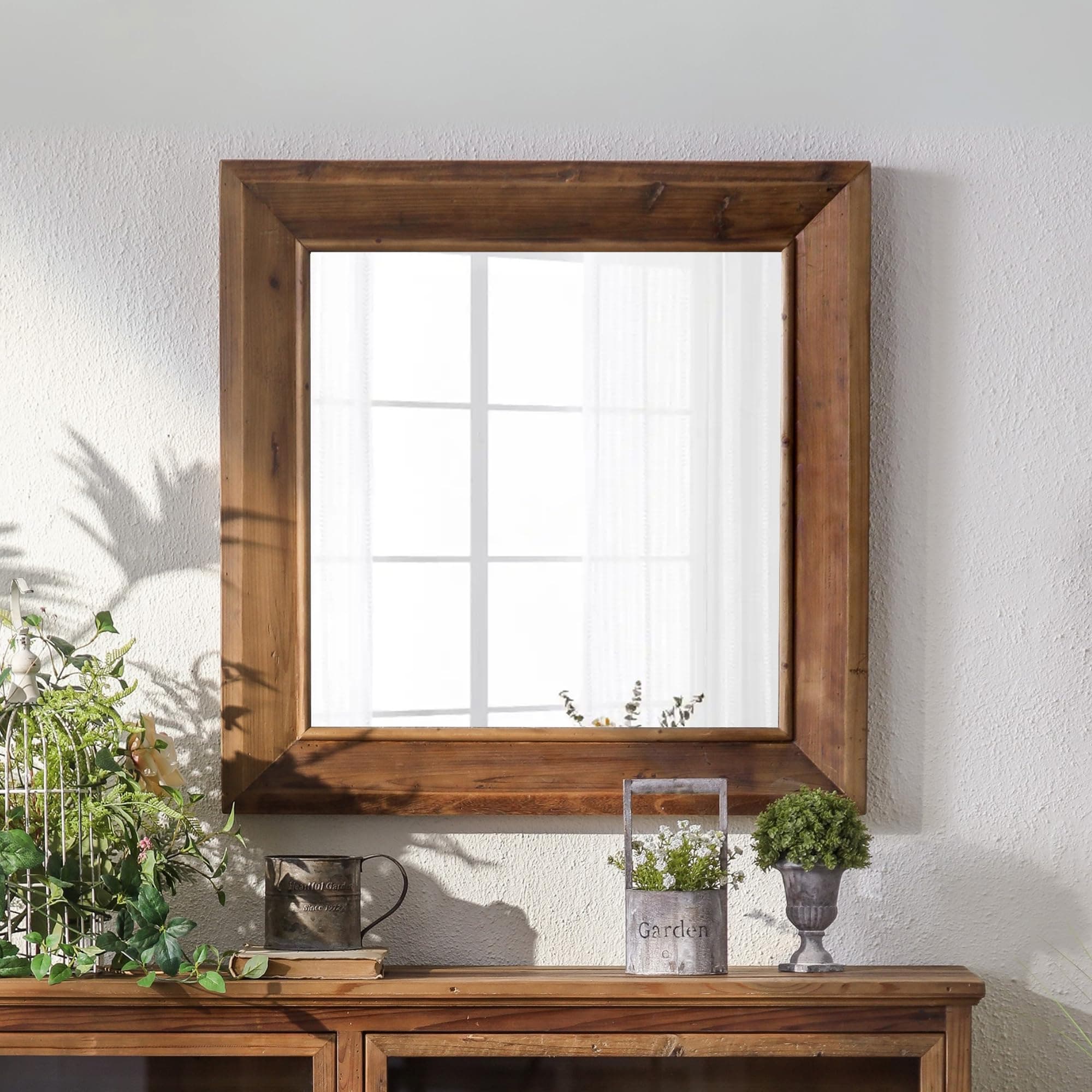 ZIYOO Rustic Farmhouse Wall Mirror, Solid Wood Frame Square Decorative Mirror, Country Style Accent Mirror for Living Room, Bedroom, Entryway, Bathroom, 32"x32"