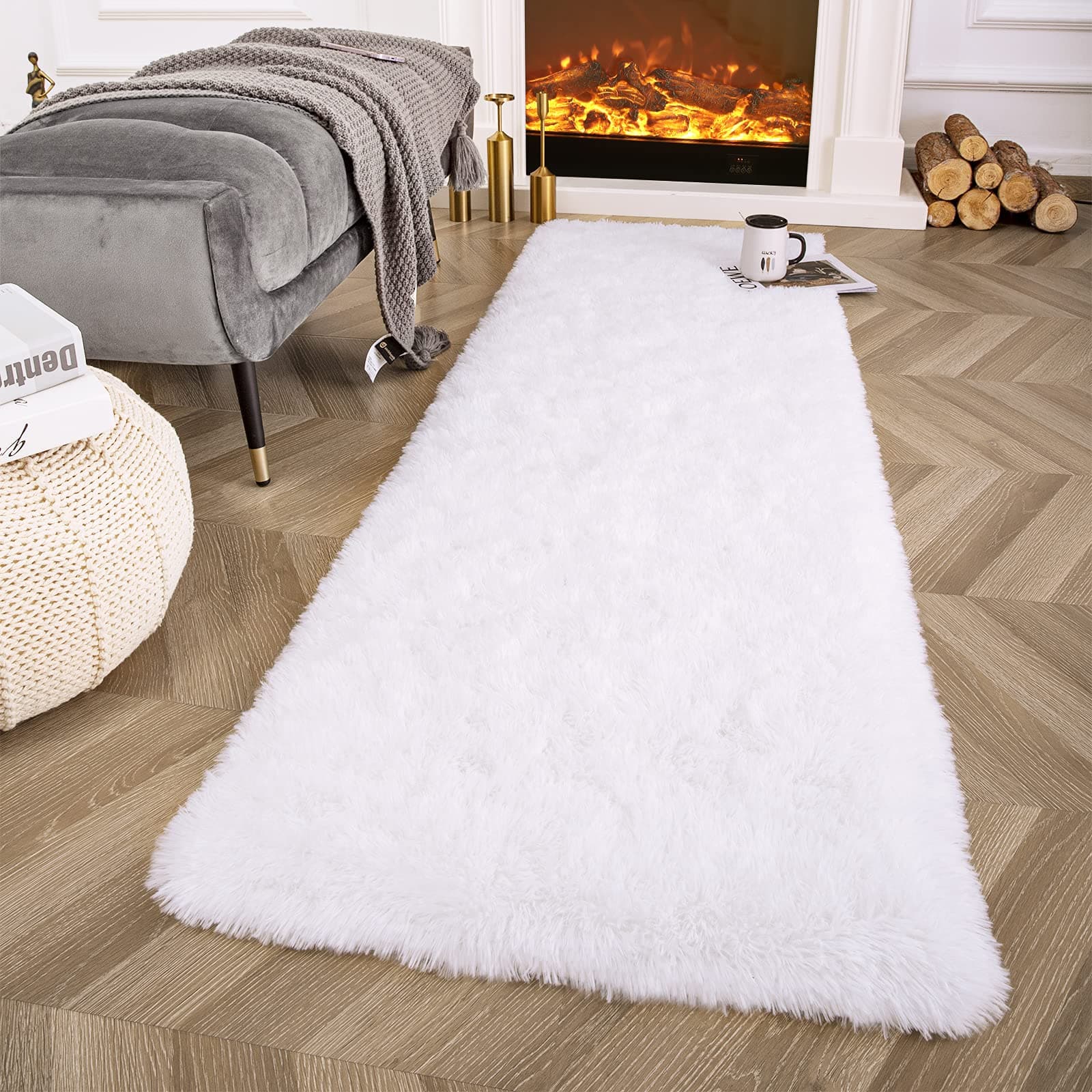 Ompaa Fluffy Runner, 60 x 120 cm, White, Super Soft Shaggy Rug, Fluffy Long Fur Rug for Bedroom, Living Room, Dorm, Plush, Children's Playroom, Baby Girls