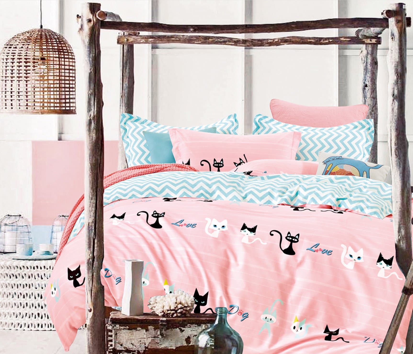 Cliab Pink Cat Bedding Set Queen 100% Cotton 7 Pieces