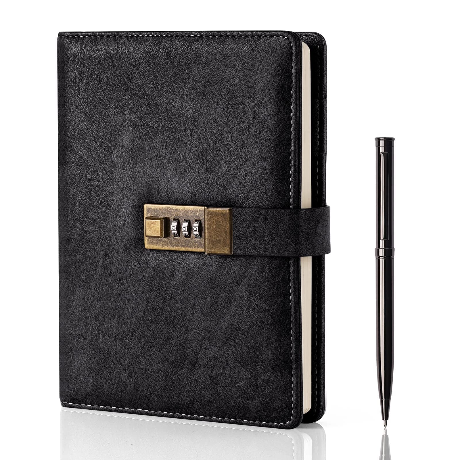 Diary with Lock, A5 PU Leather Journal with Lock 240 Pages, Vintage Locks Journal Password Notebook with Pen, Locks Diary Planner Organizer for Men and Women, 8.6x5.8in Black