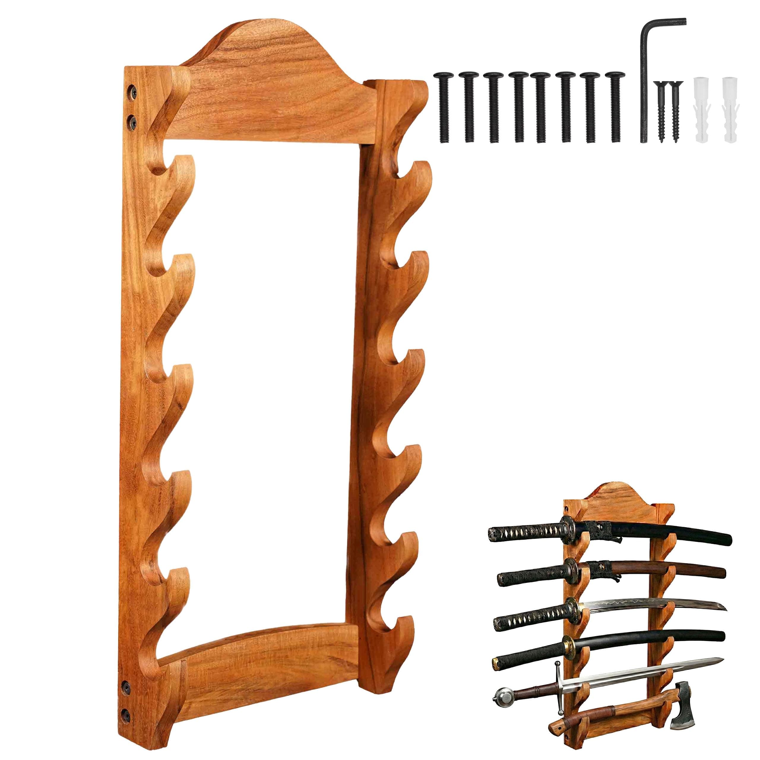Mythrojan Solid Wood Sword Stand Medieval Sword Wall Mount Samurai Sword Display Stand Katana Sword Holder Gladiator Sword Wall Display Crusader Sword Stand Knife Stand for Display- Six Tier Sta