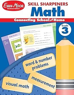 Evan-Moor Skill Sharpeners Math Workbook, Grade 3, Multiplication, Division, Test Prep, Number Sequencing, Geometry, Measurements, Graphing, Fractions, Tell Time, Money, Fun Activities, Homeschool