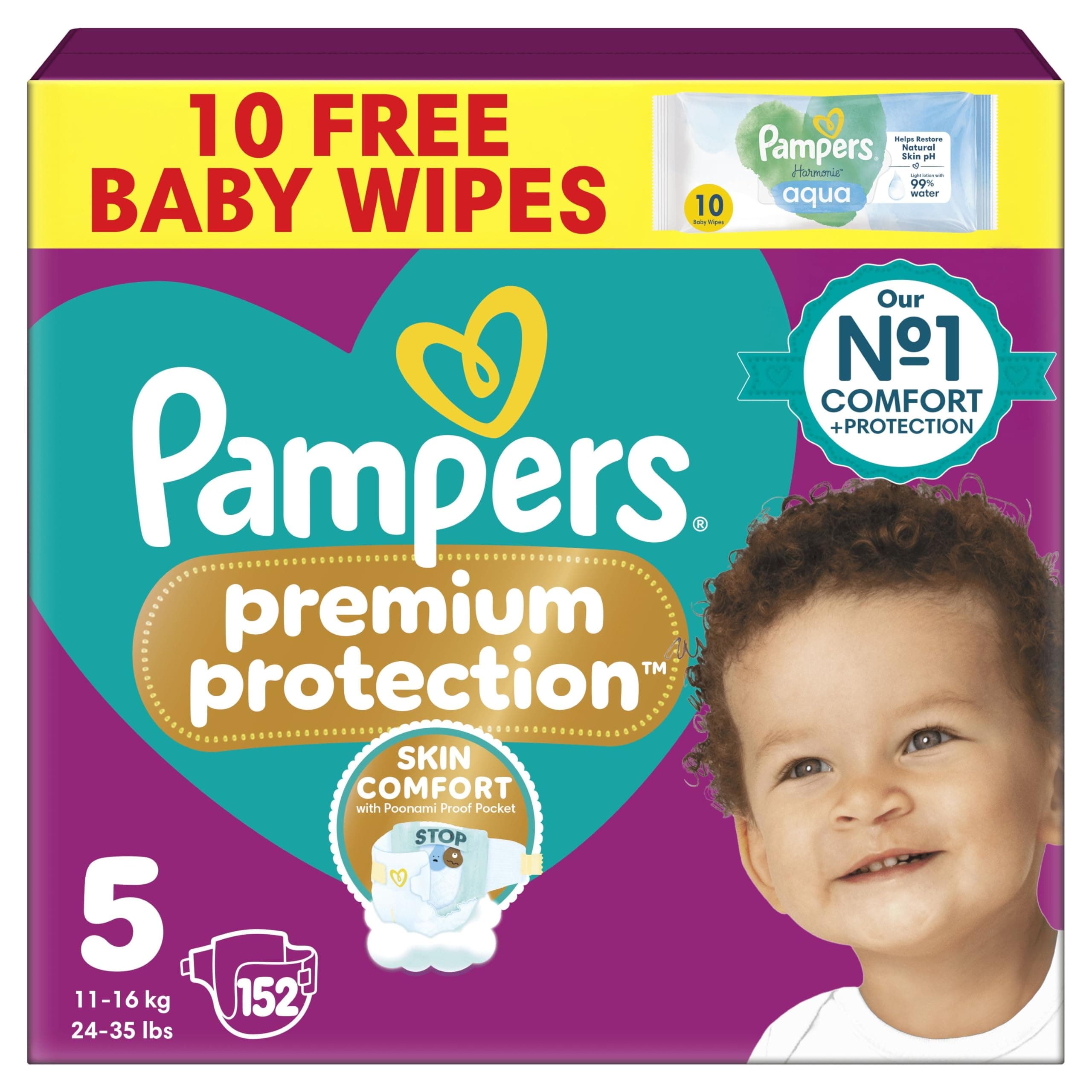 Premium Protection Size 5, 152 Baby Nappies, 11kg-16kg, Monthly Pack with Pampers Harmonie Aqua Baby Wipes 1 Pack of 10 Wipes
