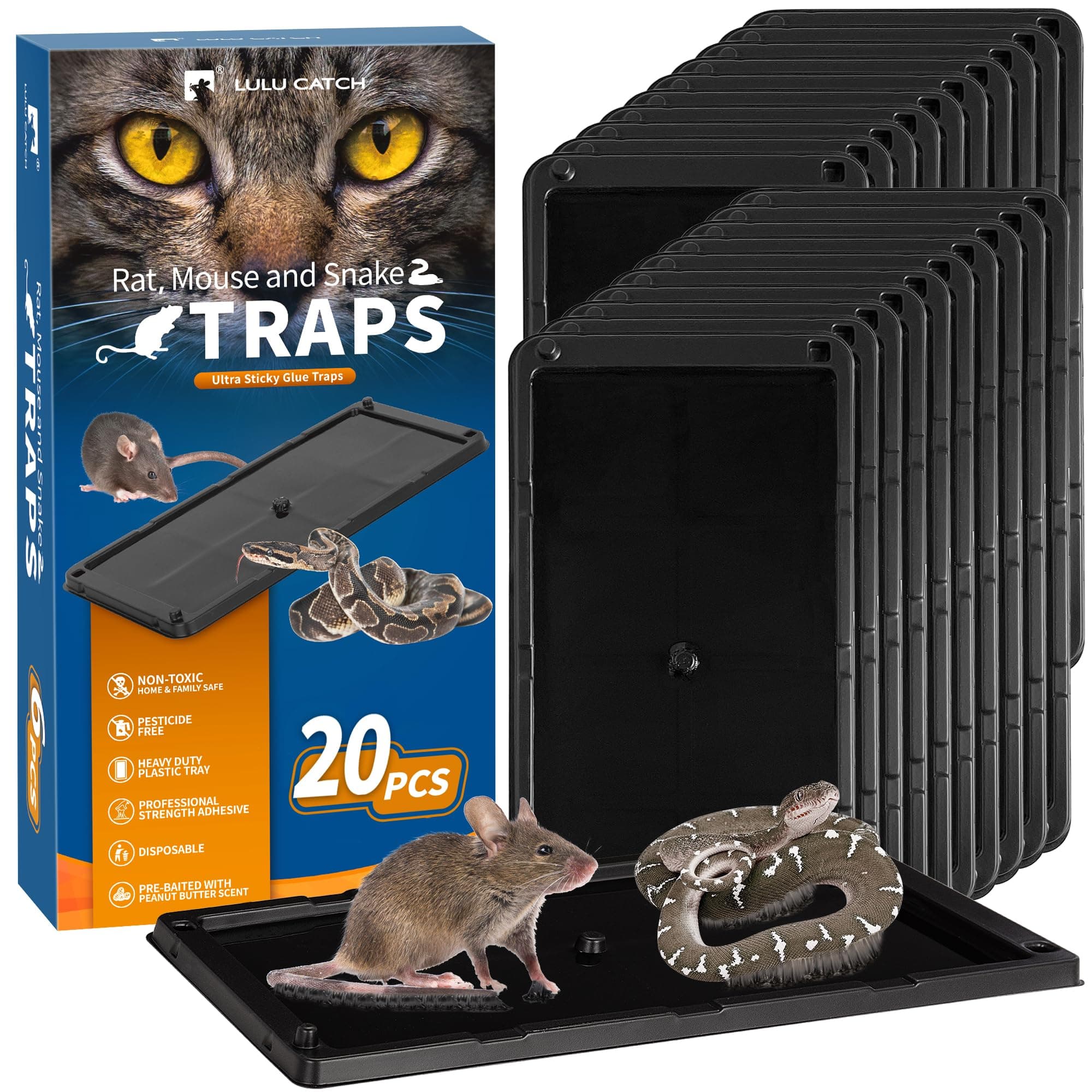 LULUCATCH Sticky Mouse Trap, 20 Pack Large Glue Traps, Pre-Baited Heavy Duty Non-Toxic Bulk Glue Boards Mouse Traps Indoor for Mice, Snakes, Rat, Insects, Cockroaches & Spiders, Pet Safe Easy to Use