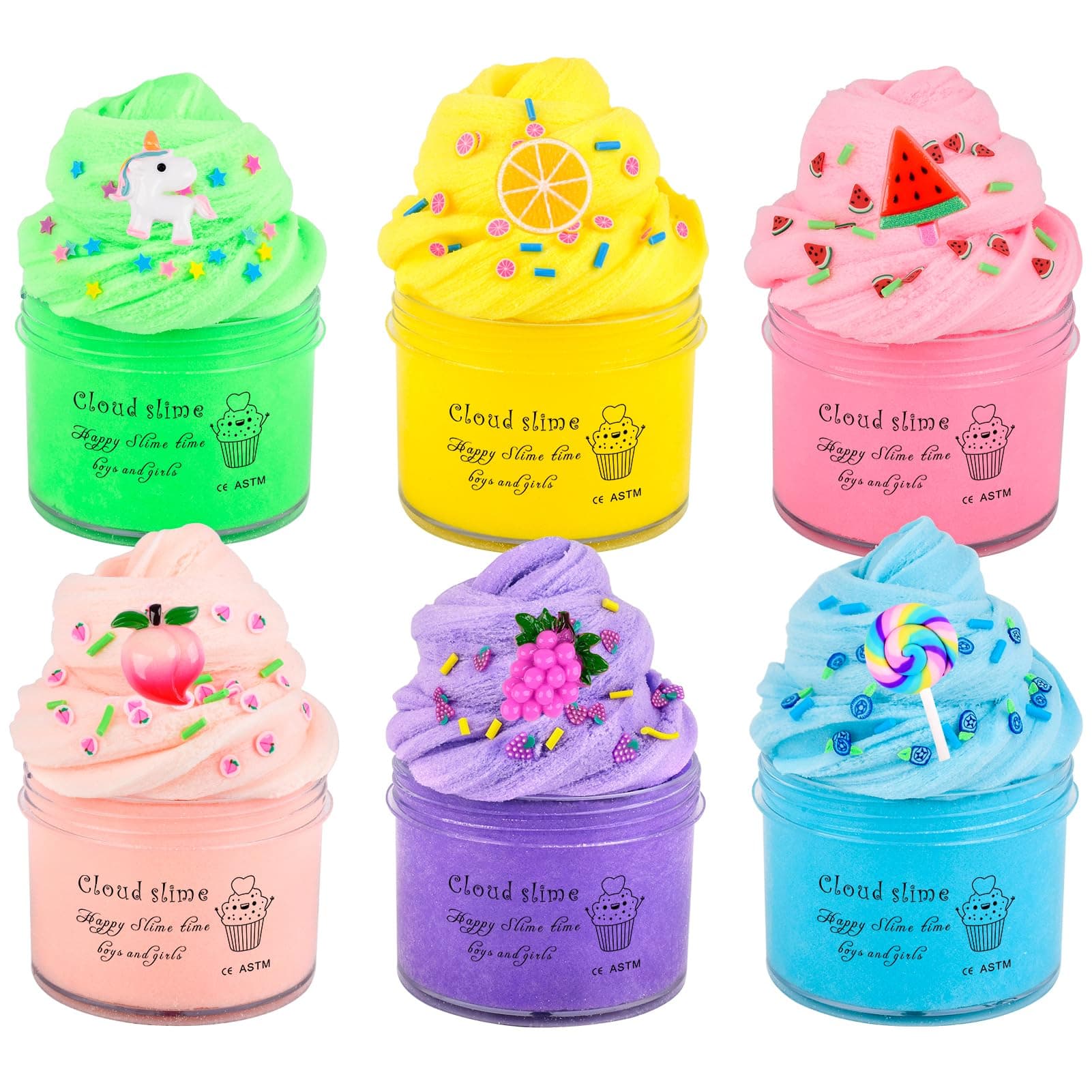6 Pack Cloud Slime Kit, Premium Scented Smooth Slime with Peach, Watermelon, Unicorn Fun Slime Add Ins, Super Soft Sludge Toy for Kids Girls Boys