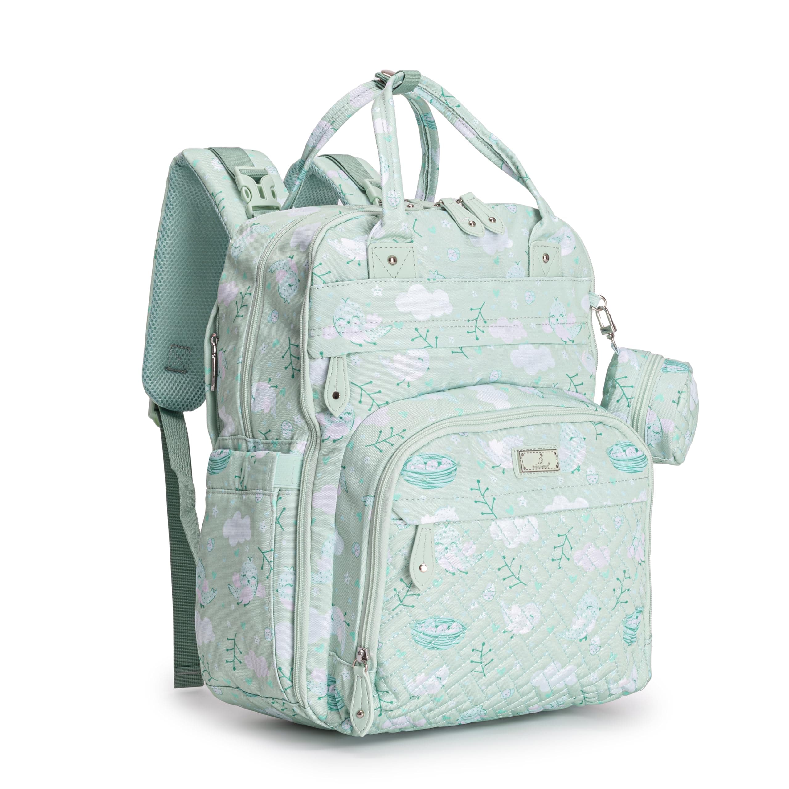 BabbleRoo Diaper Bag Backpack - Baby Essentials Travel Tote - Multi Function Water Resistant Diaper Bag, Travel Essentials Baby Bag with Changing Pad, Stroller Straps & Pacifier Case - Green Birdy