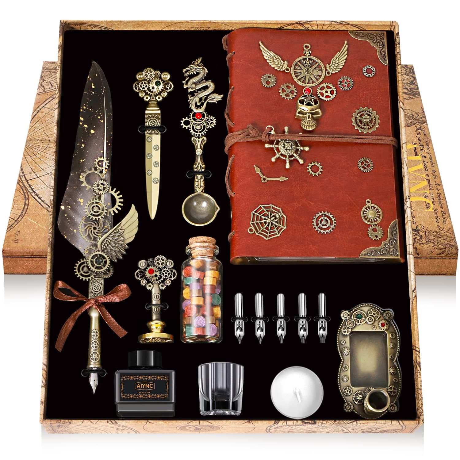 Feather Pen Ink Set With Quill Pen, Notebook, 5 Replaceable Nibs, Seal Stamp, Spoon, Wax Beads, White Wax, Ink, Holder Cup, Envelope, Letter Paper, Envelope Tool(grey)