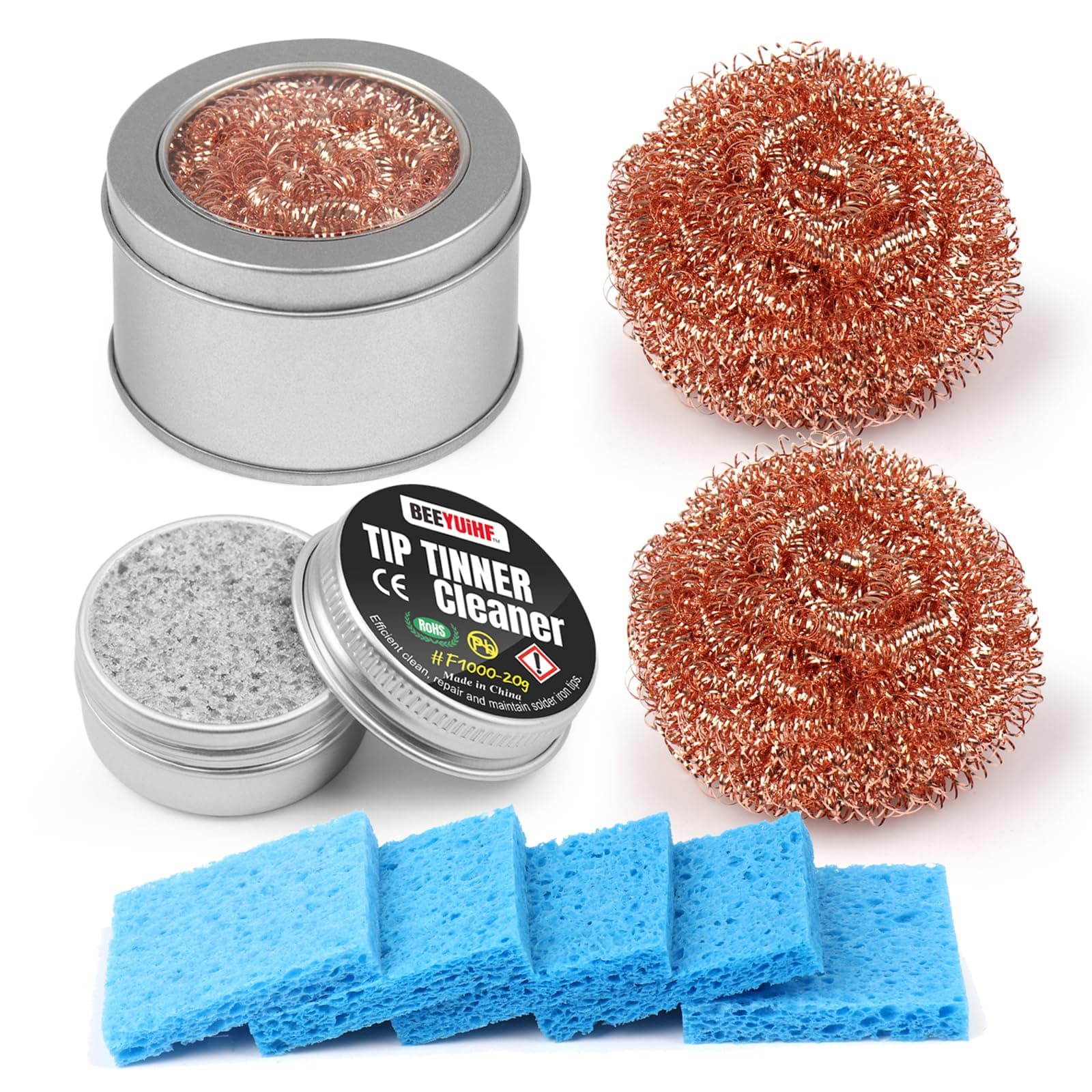 Soldering Tip Cleaning Kit Include 1 Pcs Soldering Tip Cleaner and 3 Pcs Brass Cleaning Wire and 1 Pcs Holder and 5 Pcs Sponge for Cleaning Solder Iron Tips