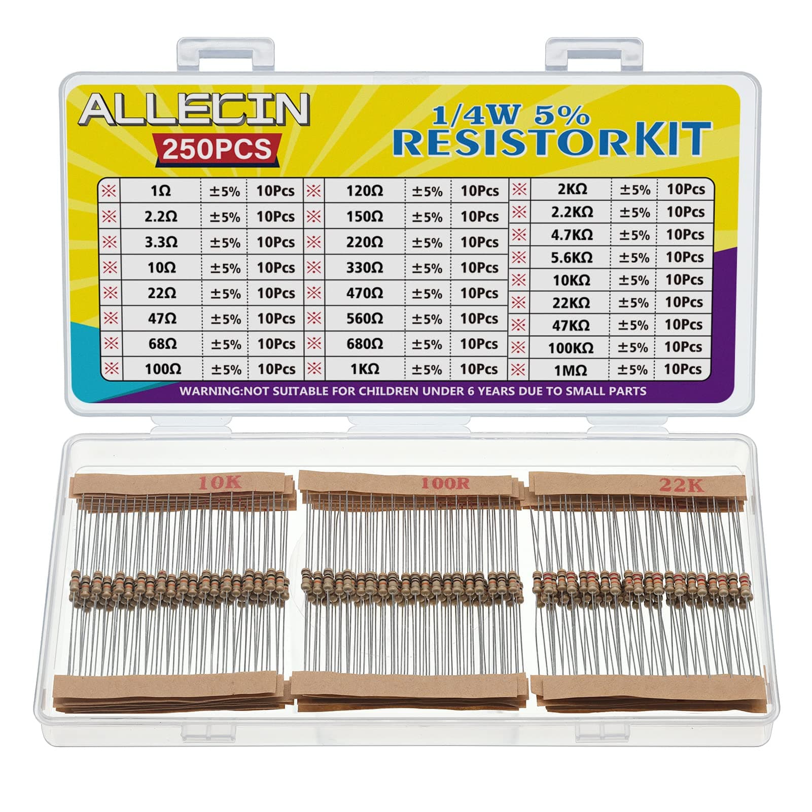 25 Values 1/4W Resistor Kit From 1 Ohm to 1M Ohm 1/4 Watt 5% Carbon Film Resistors Assortment