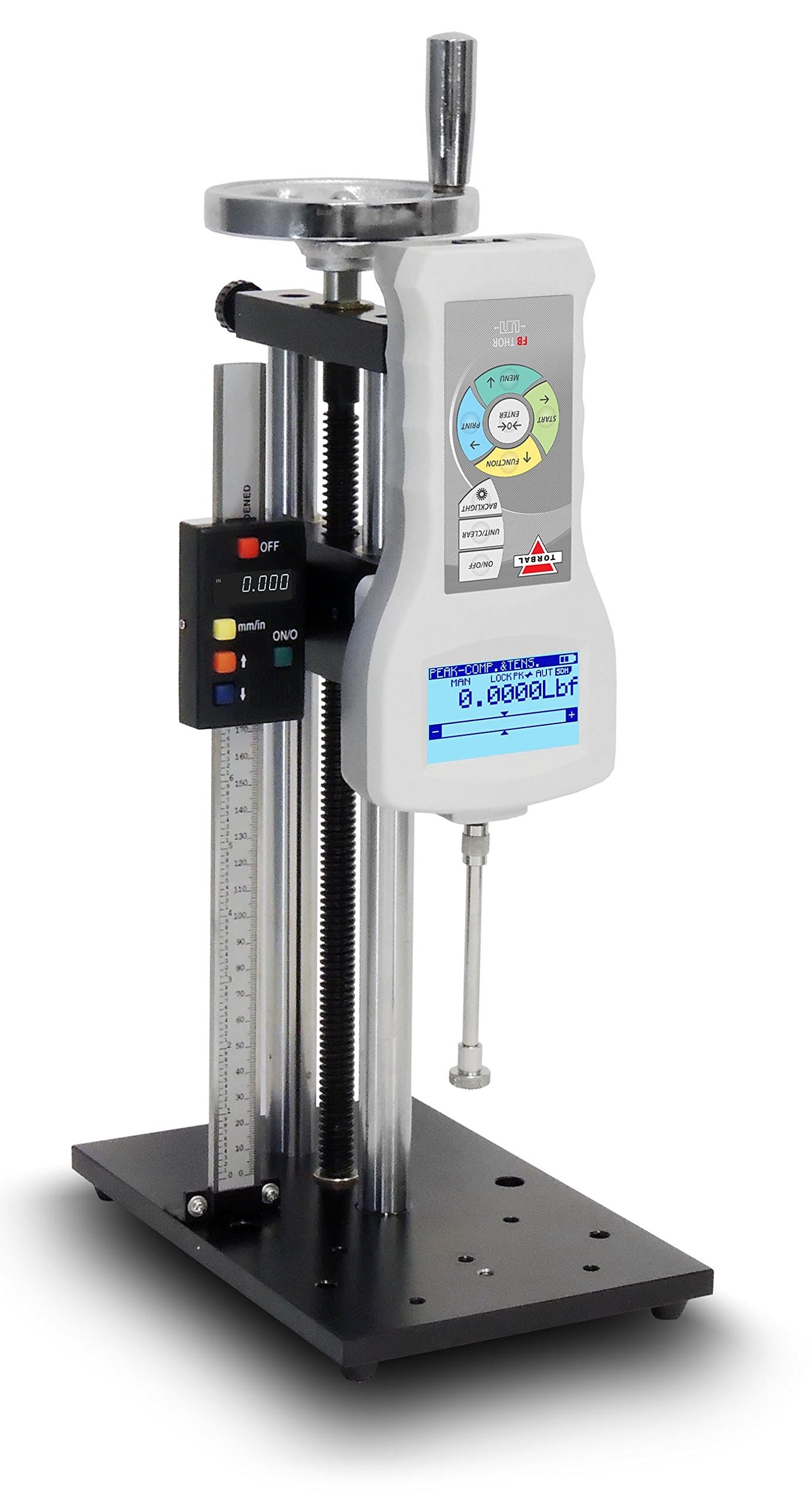 Force Gauge Test Stand, Tension and Compression Measurements, Precise 3mm Travel per Rotation Hand Wheel Operated, Digital Caliper