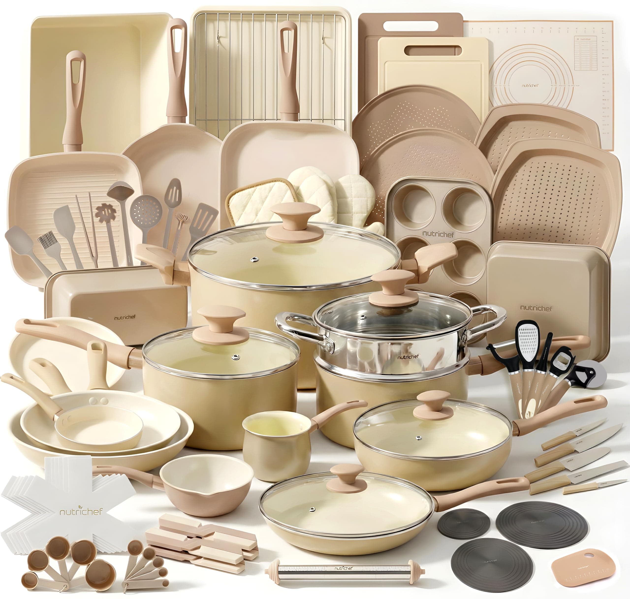 NutriChef 75-Piece Non-Stick Pots and Pans Set, Complete Ceramic Cookware Set with Bakeware, Utensils, Knife Set, & Accessories, Stain-Resistant, Food-Grade Safe, Cream/Brown