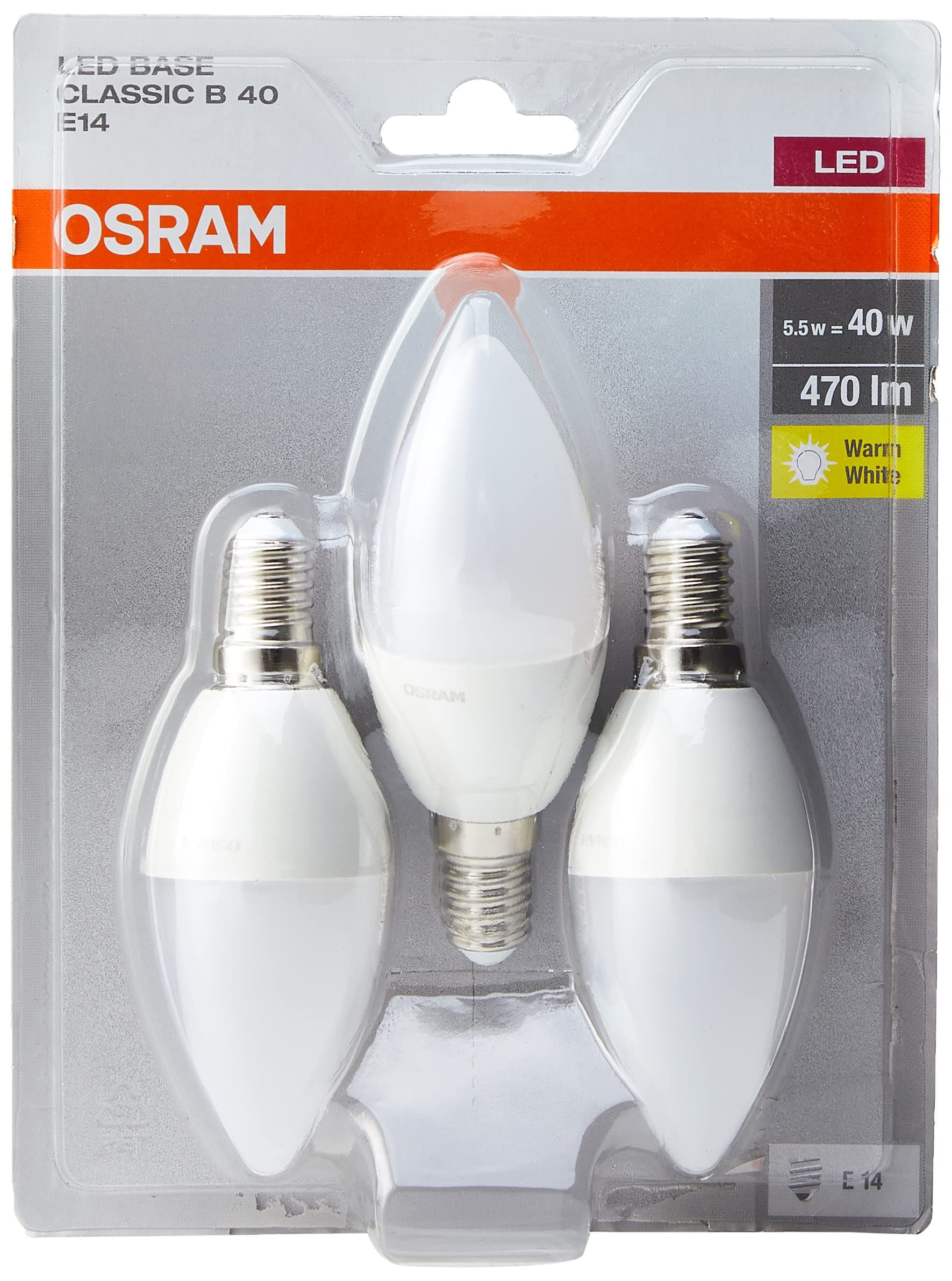 OSRAMLED Base Classic B / LED-lamp in candle shape with E14-base / not dimmable / replacement for 40 Watt / Matt / warm white - 2700 Kelvin / 3er-Blister