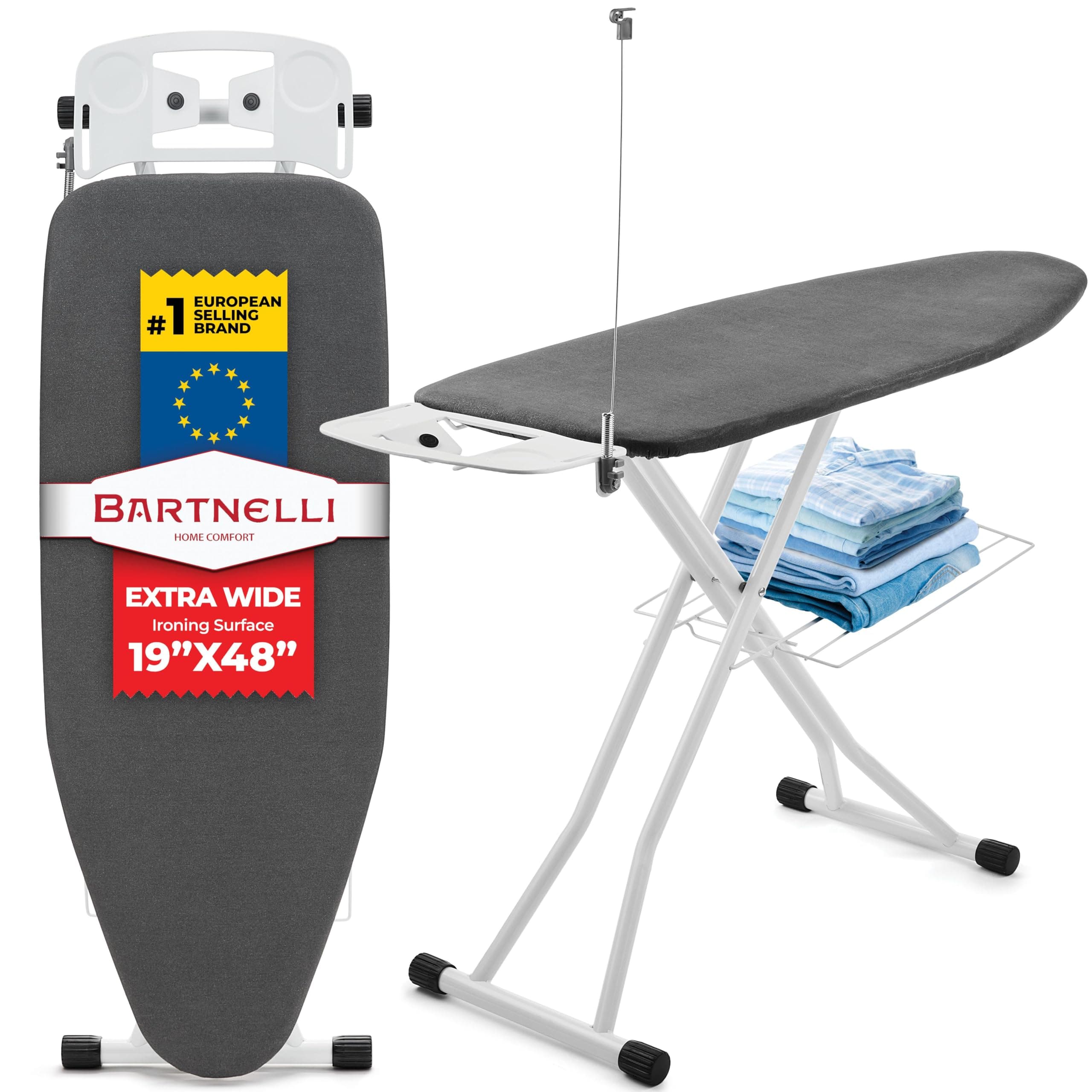Extra Wide Pro Ironing Board 19x48 Ironing Surface with Iron Rest, Cord Holder, Shelf and 4 Layer Heat Resistant Cover and Pad