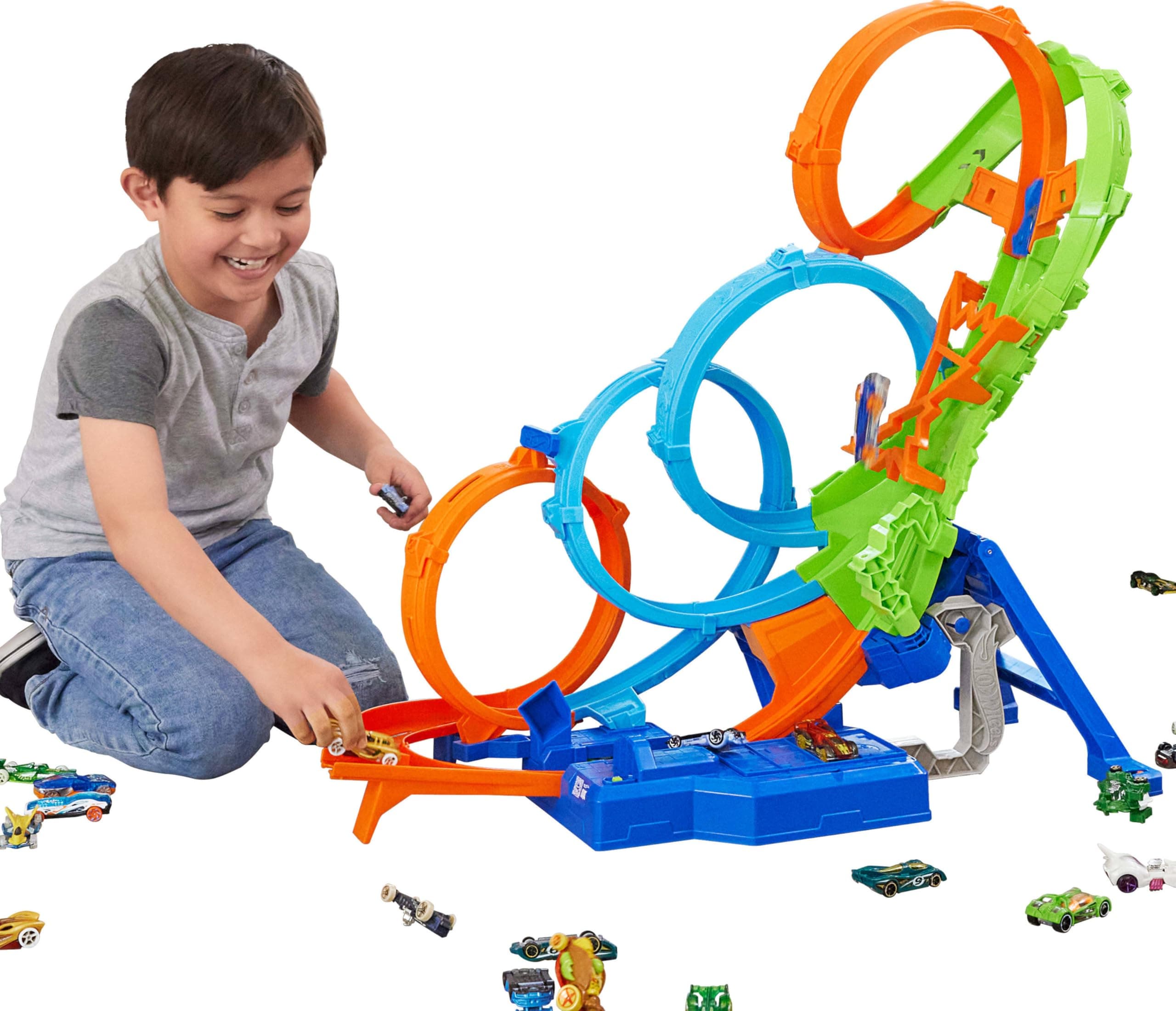 Track Set with 4 Loops, 3-Way Crash Zone & Motorized Booster, Folds for Storage, with 1:64 Scale Toy Car