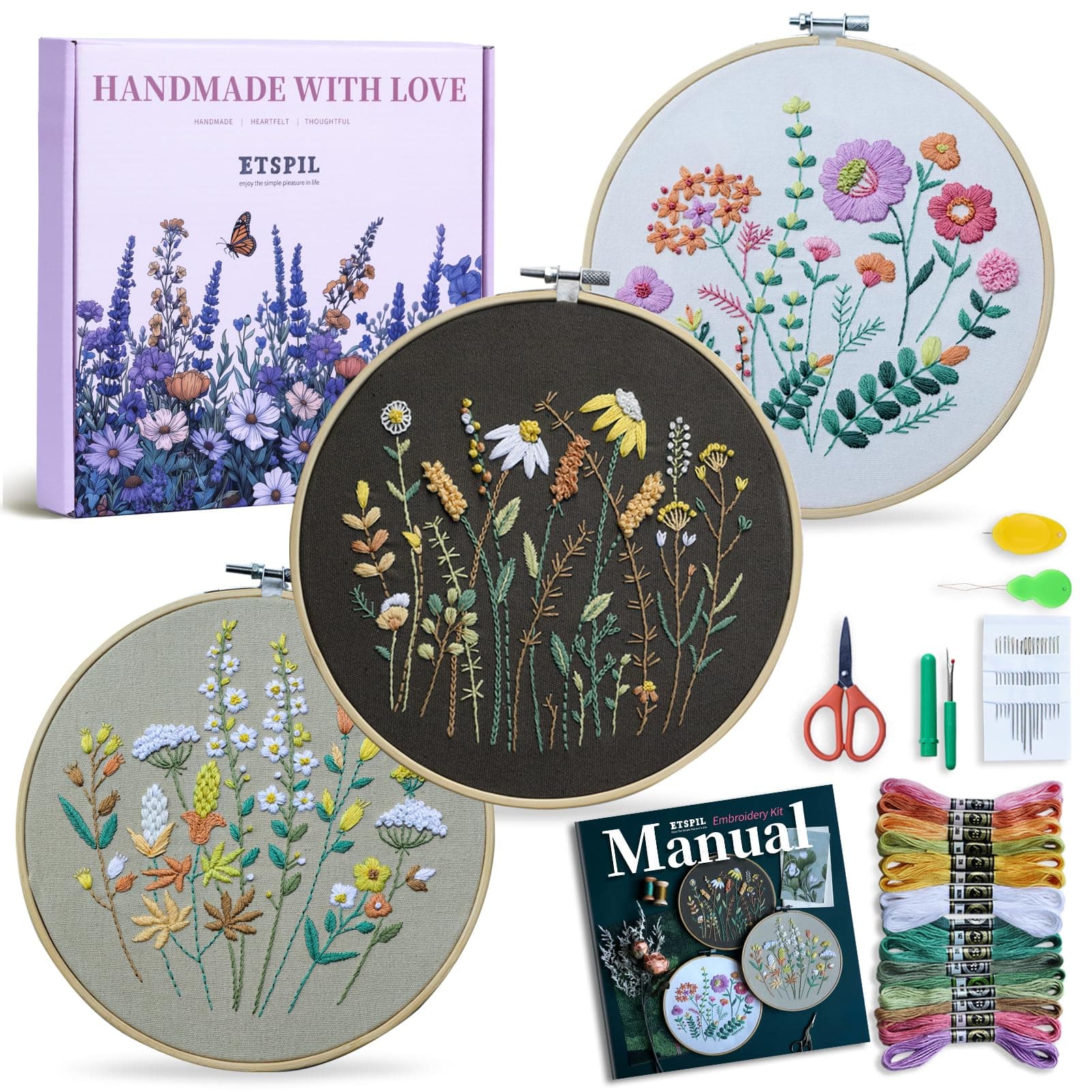 3 Sets Embroidery kit for Beginners Adults,Learn 33 Different Stitches DIY Kits ,Includes Stamped Flower Pattern, Hoop, Color Threads,Tools,Easy to Follow Instruction & Video… (Flower A3)