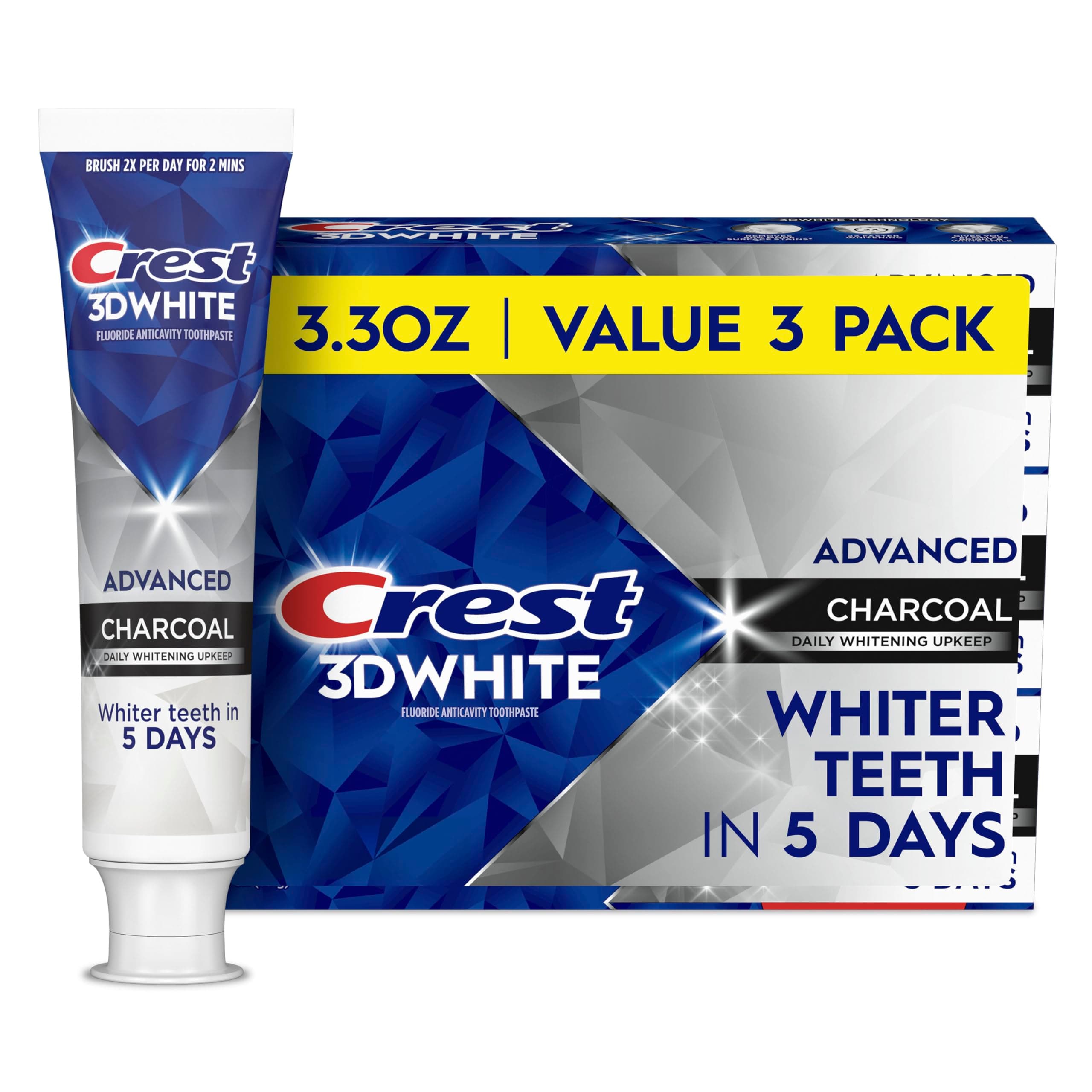 3D White Advanced Charcoal Teeth Whitening Toothpaste with Fluoride, 3.3 oz, Pack of 3