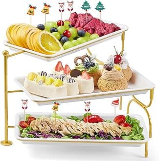 Lifewit 3 Tier Serving Tray for Party, 30 x 17 cm/12 x 6.5 Plastic Serving Platters, White Rotating Tiered Tray with Gold Collapsible Metal Stand, Decorative Dessert Table Display Set for Buffet