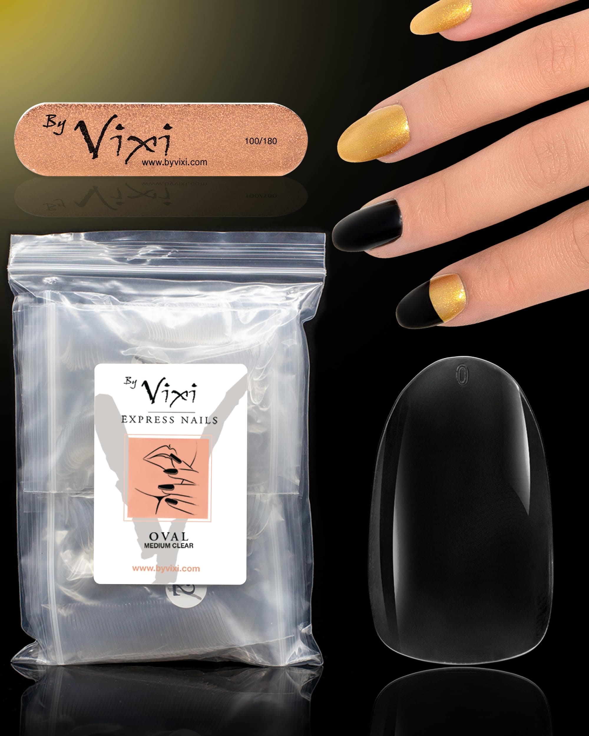 600 Medium Oval Press On Nails Set with By Vixi Prep File – Clear Full Cover False Nails, Stick On Fake Nail Tips, 10 Sizes, Acrylic Nail Extensions for Gel Polish & Nail Art