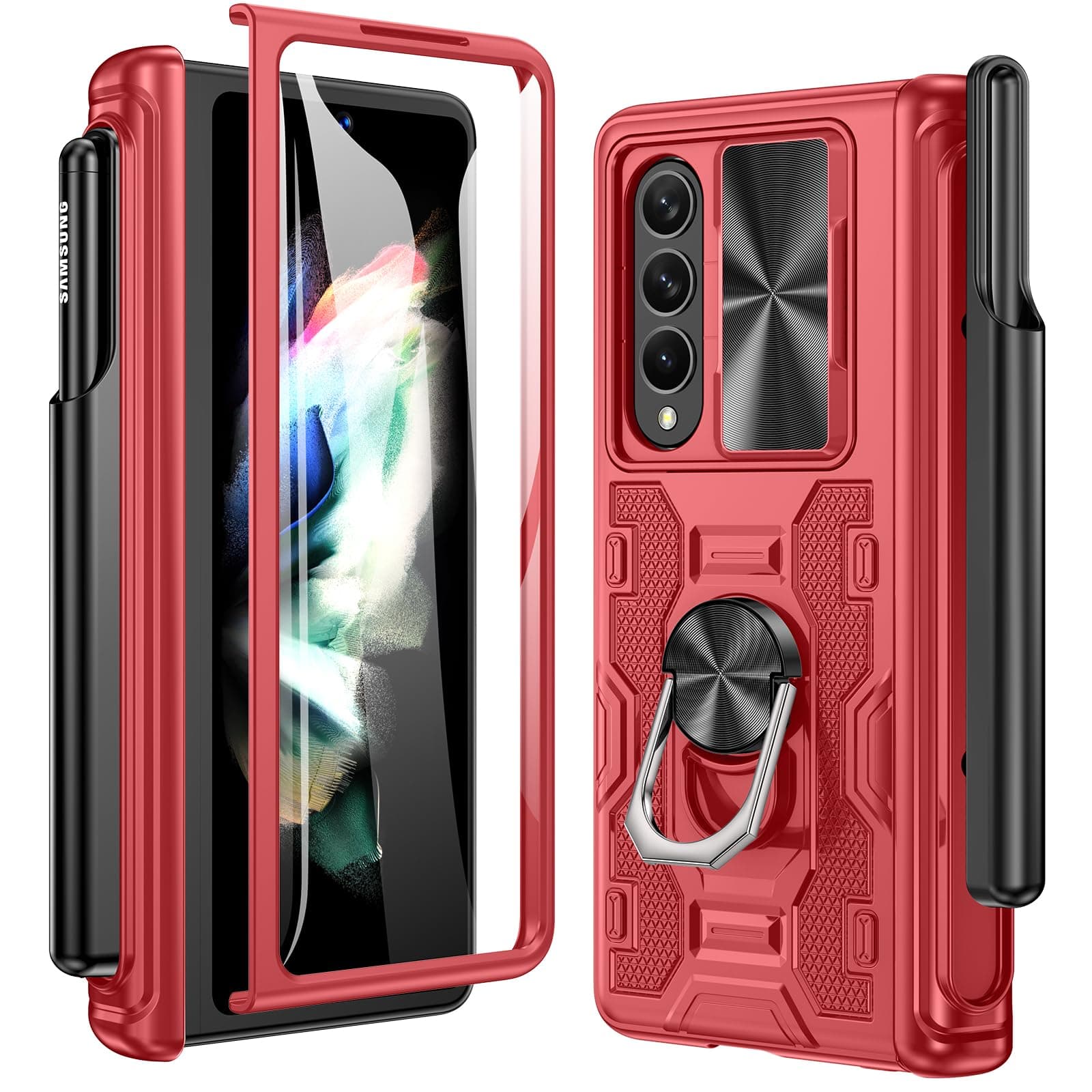 Case for Z Fold 3, with Hinge Protection S Pen Holder & Slide Camera Cover & Kickstand & Built in Screen Protector Cover(Red)