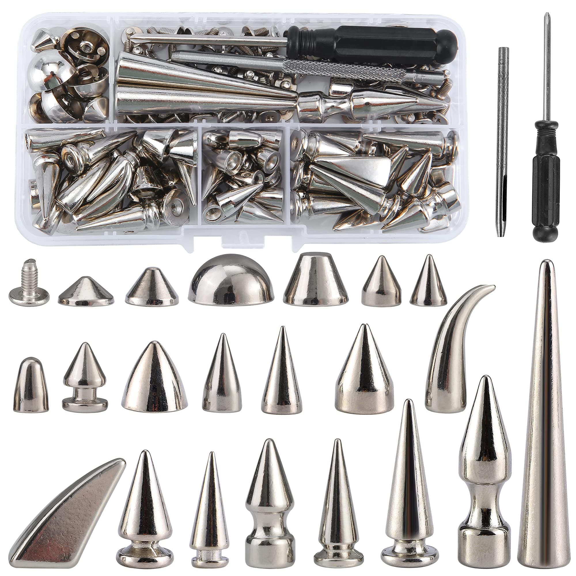 YORANYO 80 Sets Mixed Shape Spikes and Studs Assorted Sizes Silver Color Screw Back Bullet Cone Studs and Spikes Rivet for Leather Craft Clothing Shoes Belts Bags Dog Collars