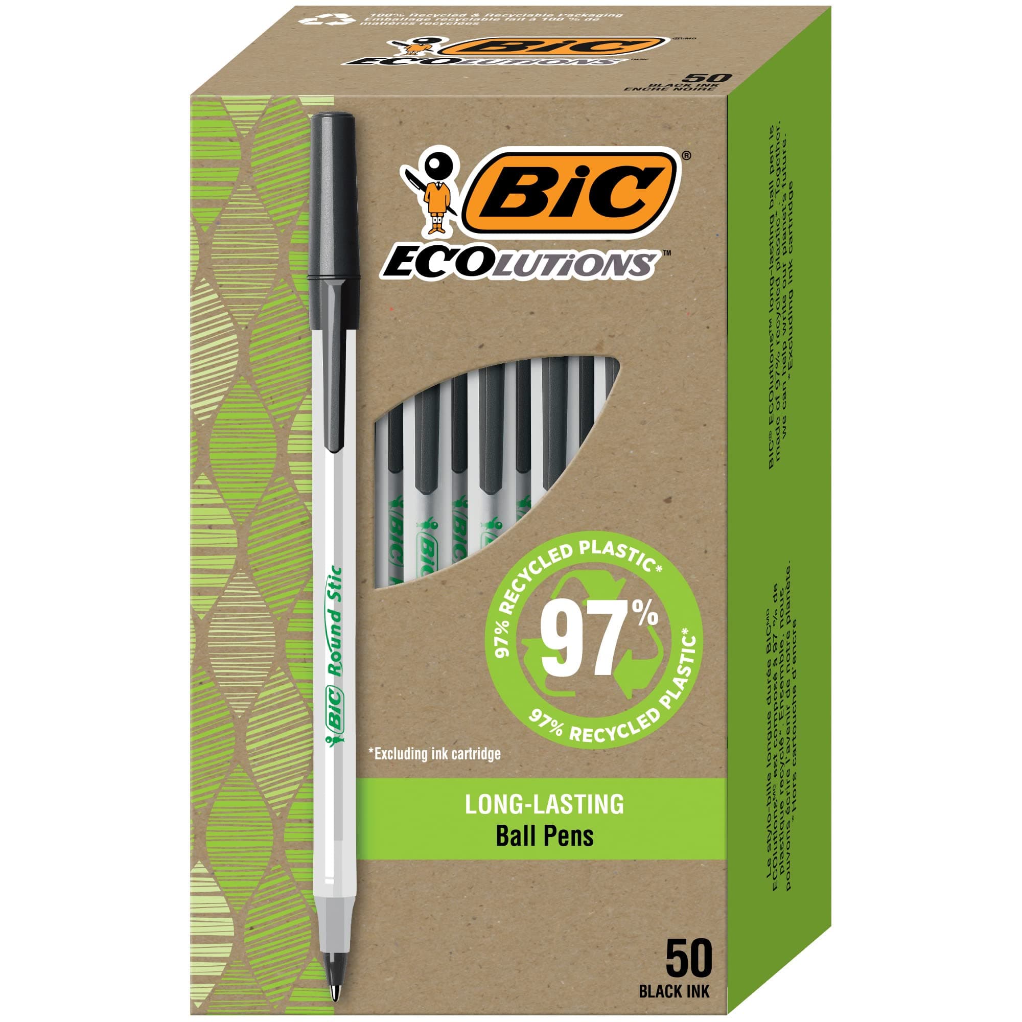 Ecolutions Round Stic Ballpoint Pen, Medium Point (1.0mm), Black, 50-Count